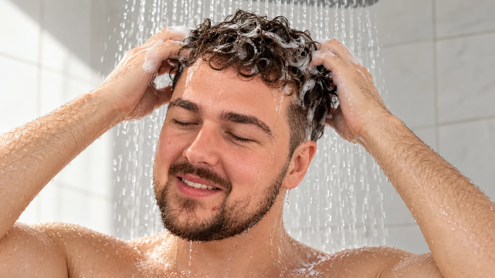 Man met krullen onder de douche die shampoo in zijn hoofdhuid masseert