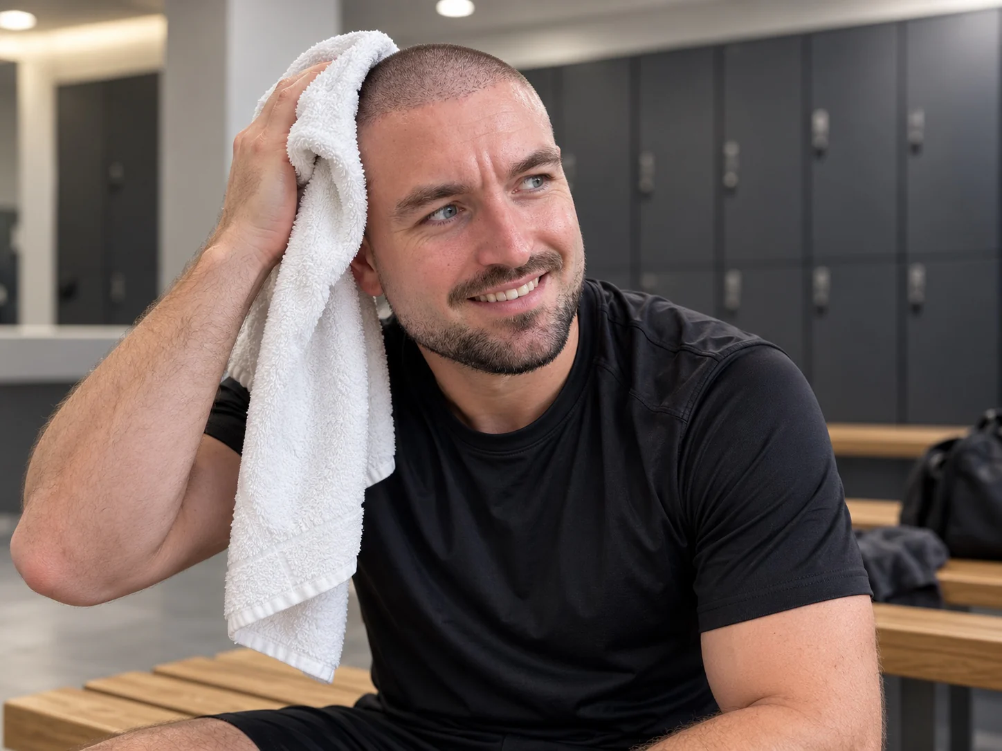 Man met een korte baard en een buzz cut die na het sporten een handdoek over zijn hoofd wrijft in een kleedkamer