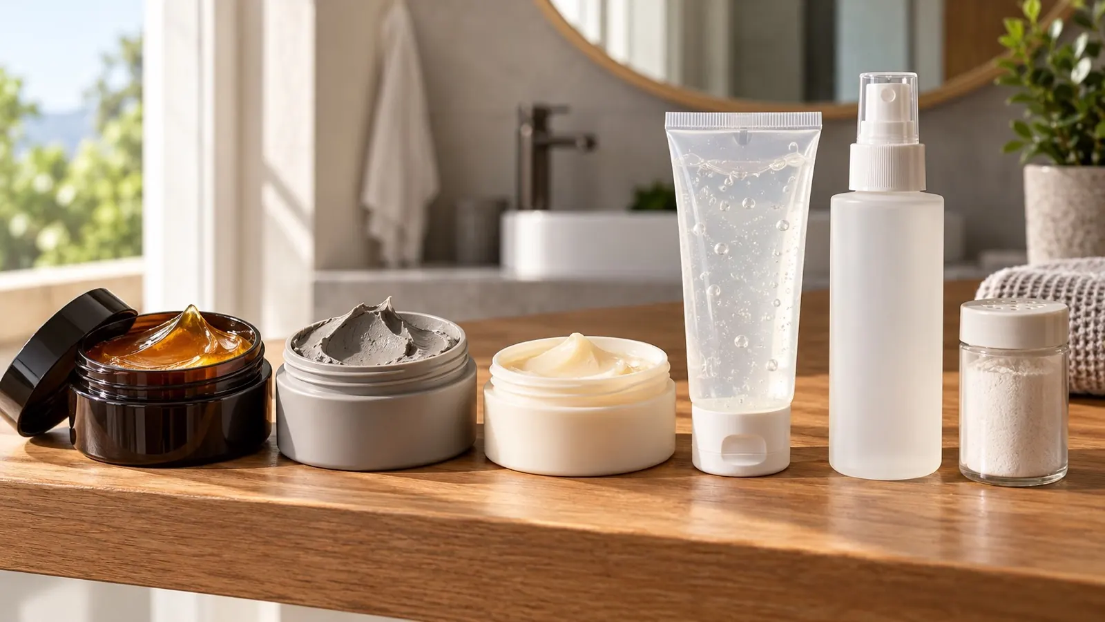 Zes potjes en flesjes haarproduct zonder etiket naast elkaar op een houten plank in een badkamer