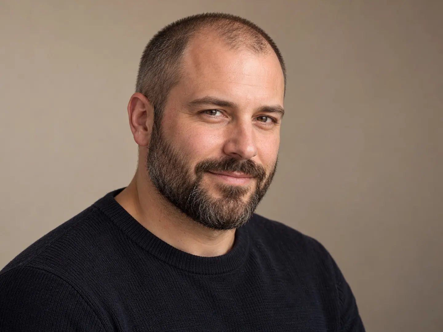 Man van rond de veertig met een korte buzz cut en een verzorgde baard, schuin van voren gezien