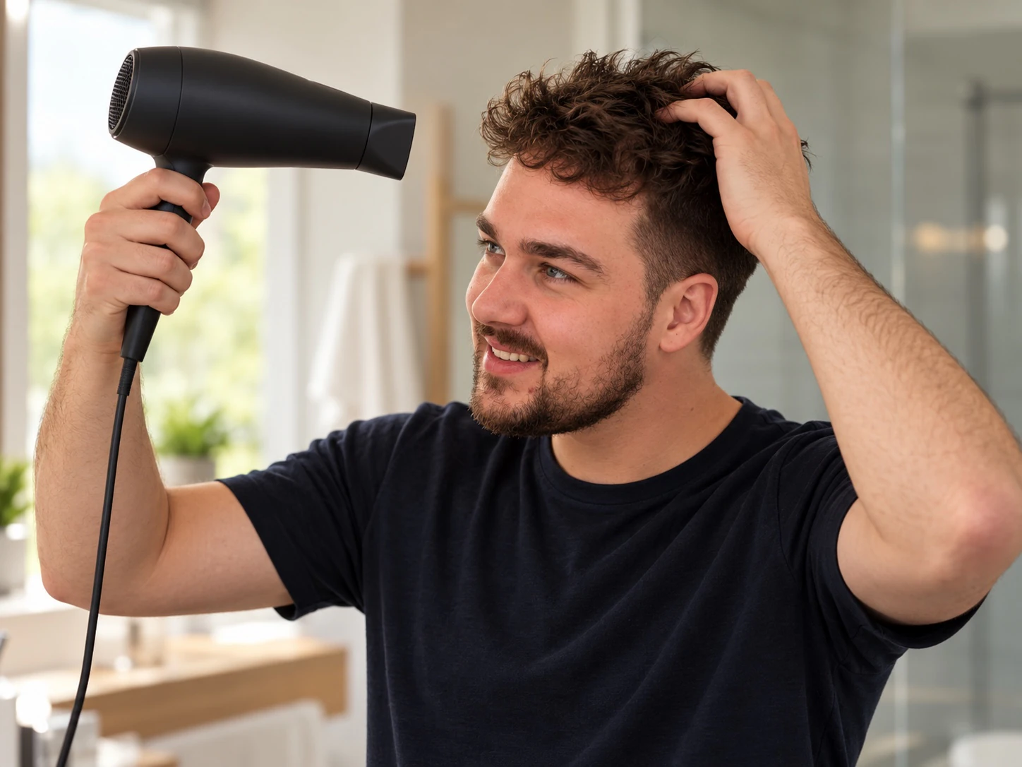 Man föhnt zijn haar met een föhn op afstand en zijn vingers door het haar