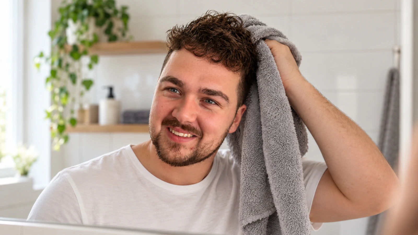 Man in de badkamer die zijn haar droogdept met een handdoek