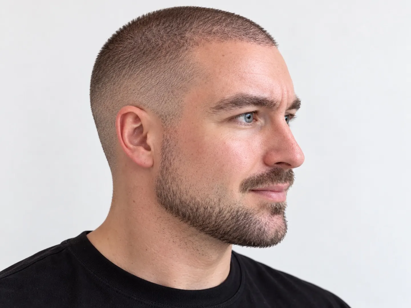 Zijaanzicht van een man met een fade die twee weken is uitgegroeid, het verloop is al minder scherp