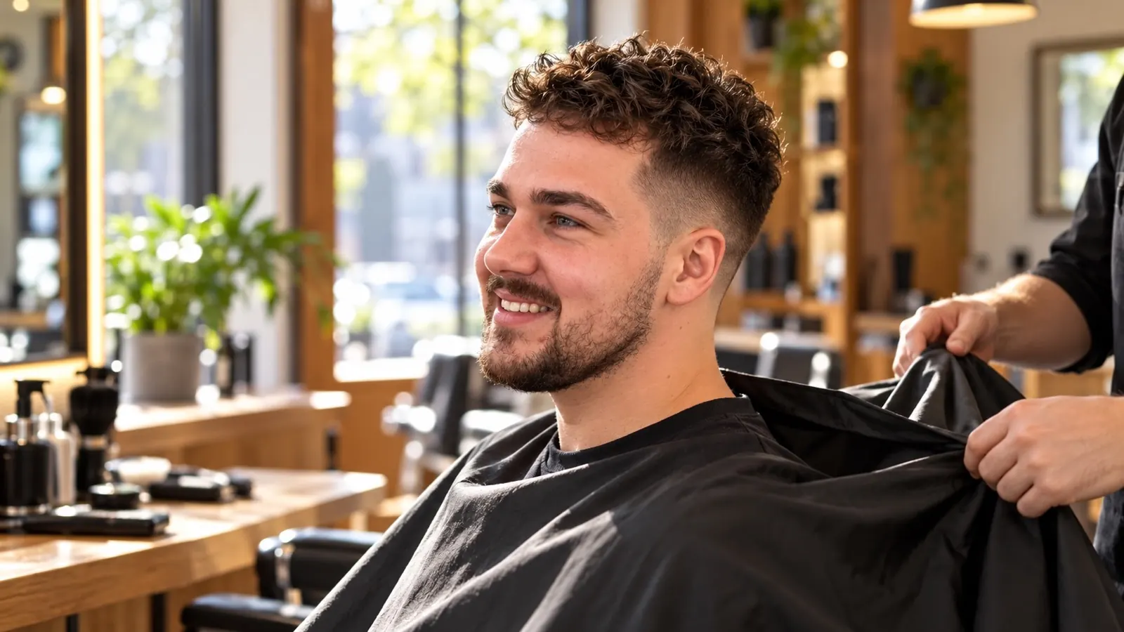 Man met krullen en een mid fade die net klaar is in de kappersstoel en tevreden in de spiegel kijkt