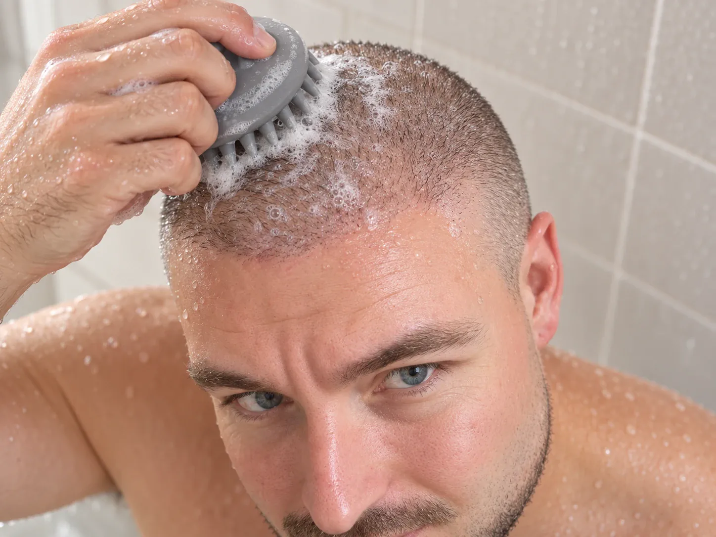 Close-up van een hand die met een siliconen massageborstel shampoo inmasseert op een kort geknipt hoofd