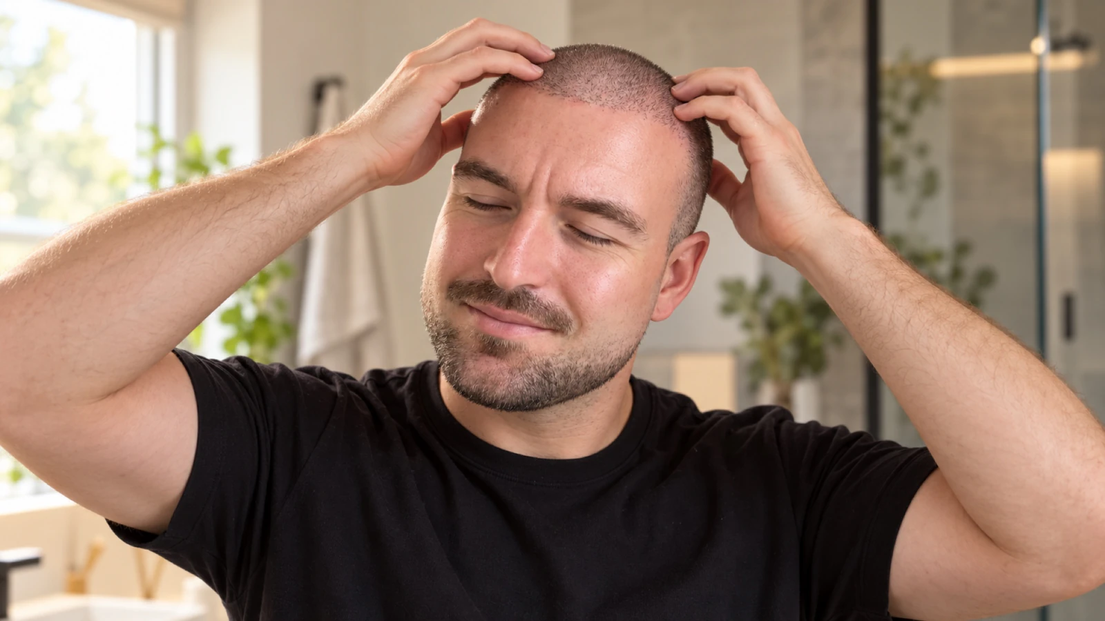 Man met een buzz cut en een korte baard die zijn hoofdhuid masseert met zijn vingertoppen