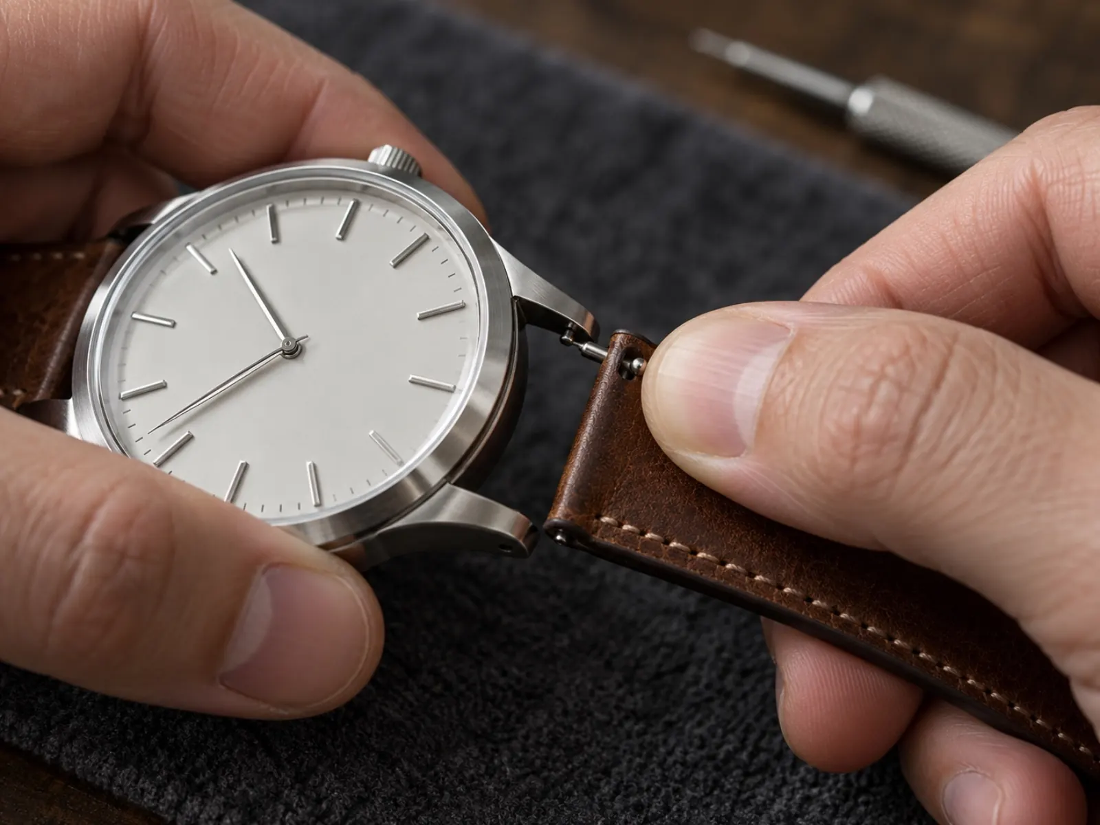 Close-up van handen die een leren horlogebandje met een snelwissel-pen losmaken van een stalen horloge op een werkbankje