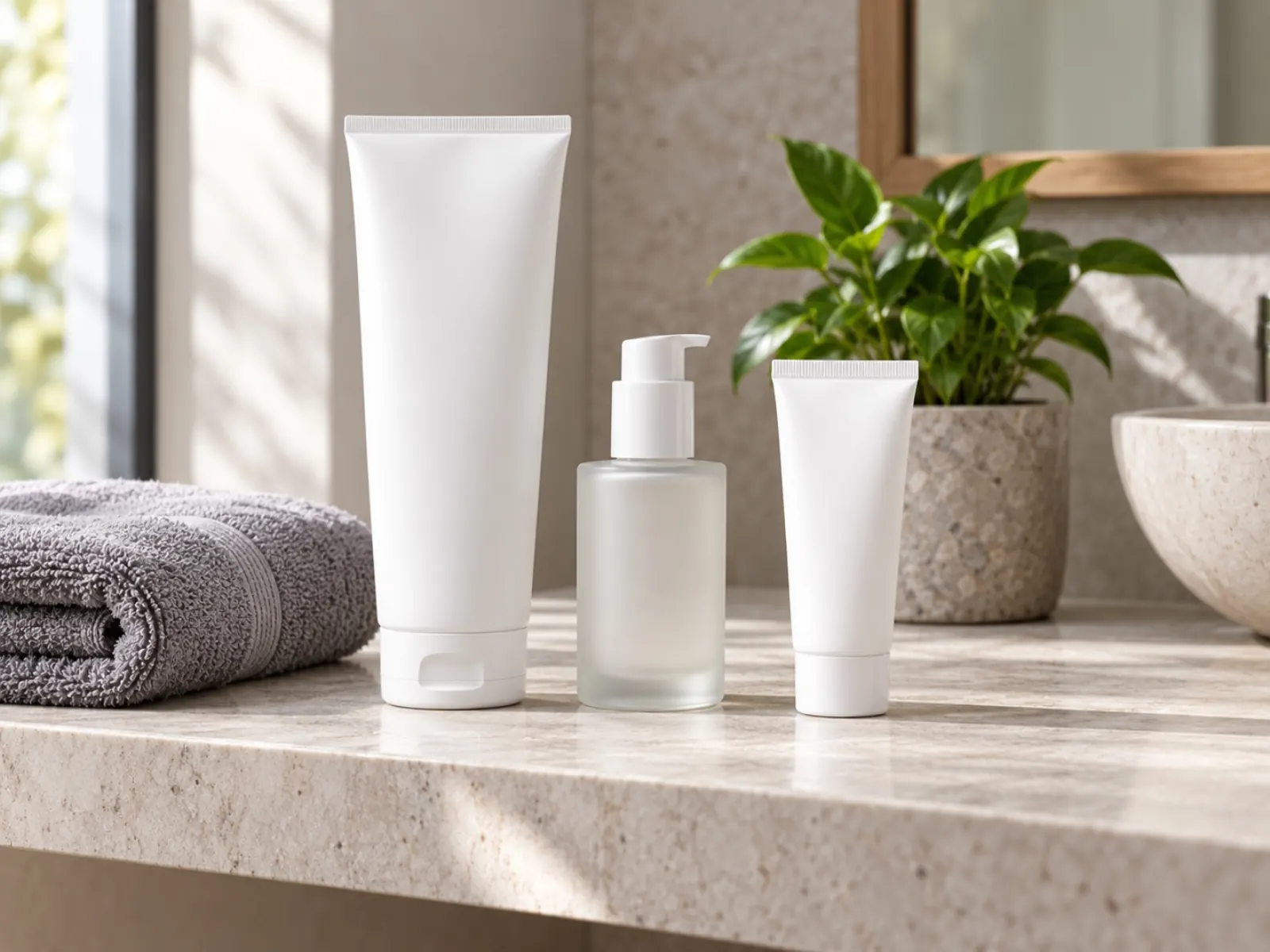 Drie blanco verzorgingsproducten op een badkamerplank: een tube reiniger, een pompflacon dagcrème en een tube zonnebrand