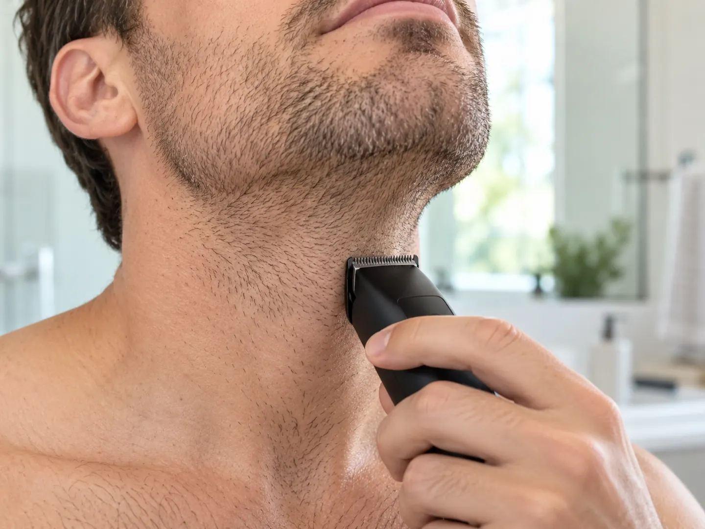 Man die zijn hals bijtrimt met een trimmer zonder opzetstuk, met de groeirichting van het haar mee
