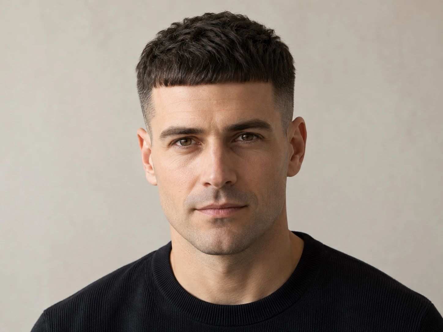 Man met een Caesar cut met een korte, rechte pony en korte zijkanten met een fade, recht van voren gezien