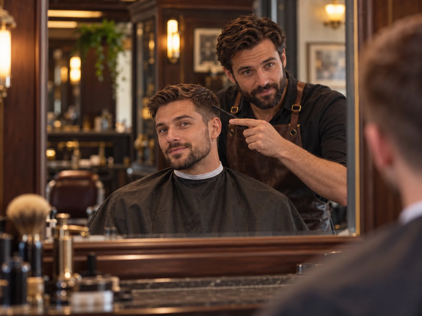 Barbier en klant in gesprek voor de spiegel, de barbier wijst naar de zijkant van het hoofd van de klant