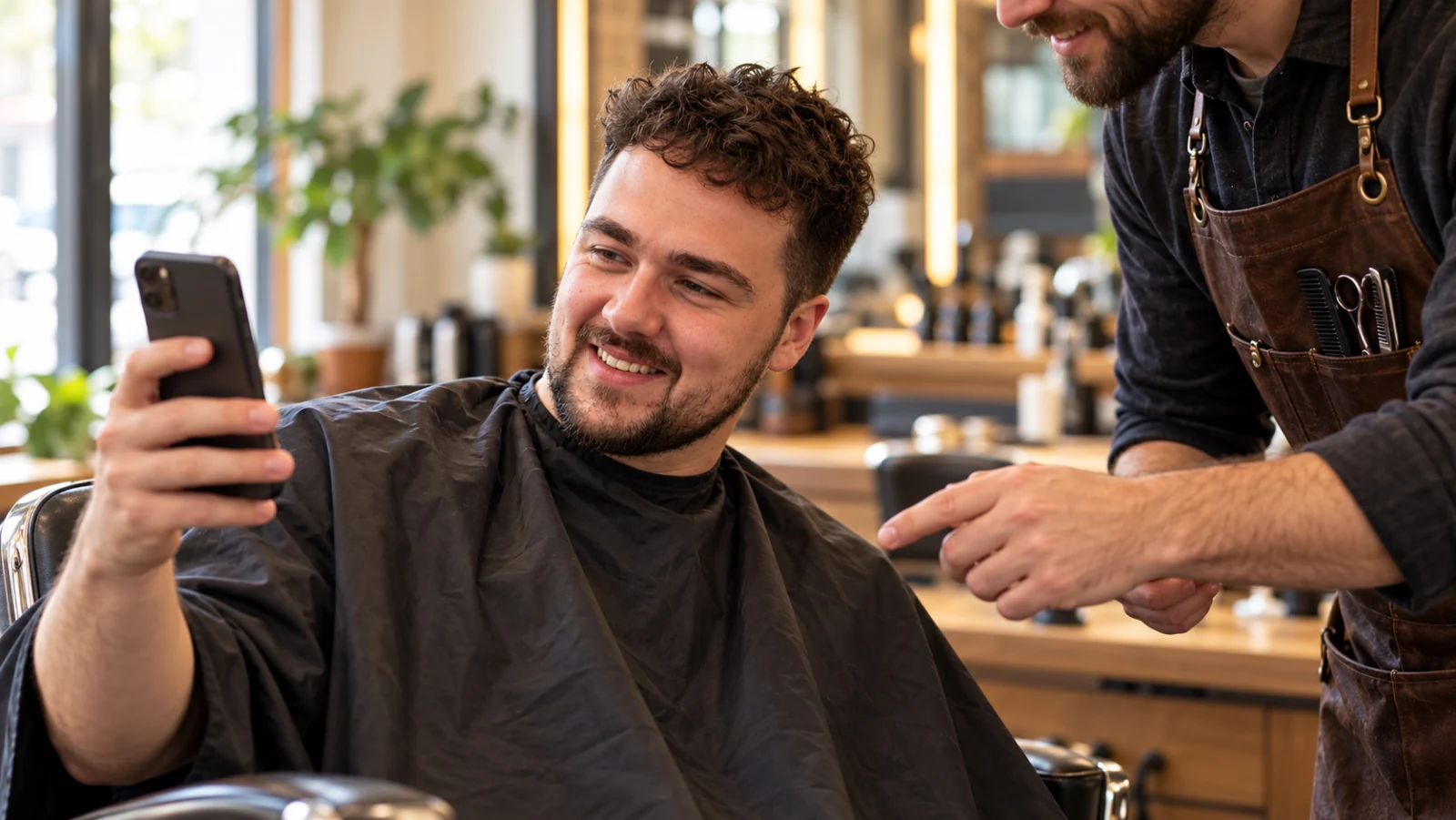 Man in de kappersstoel die zijn barbier een foto van een kapsel laat zien op zijn telefoon