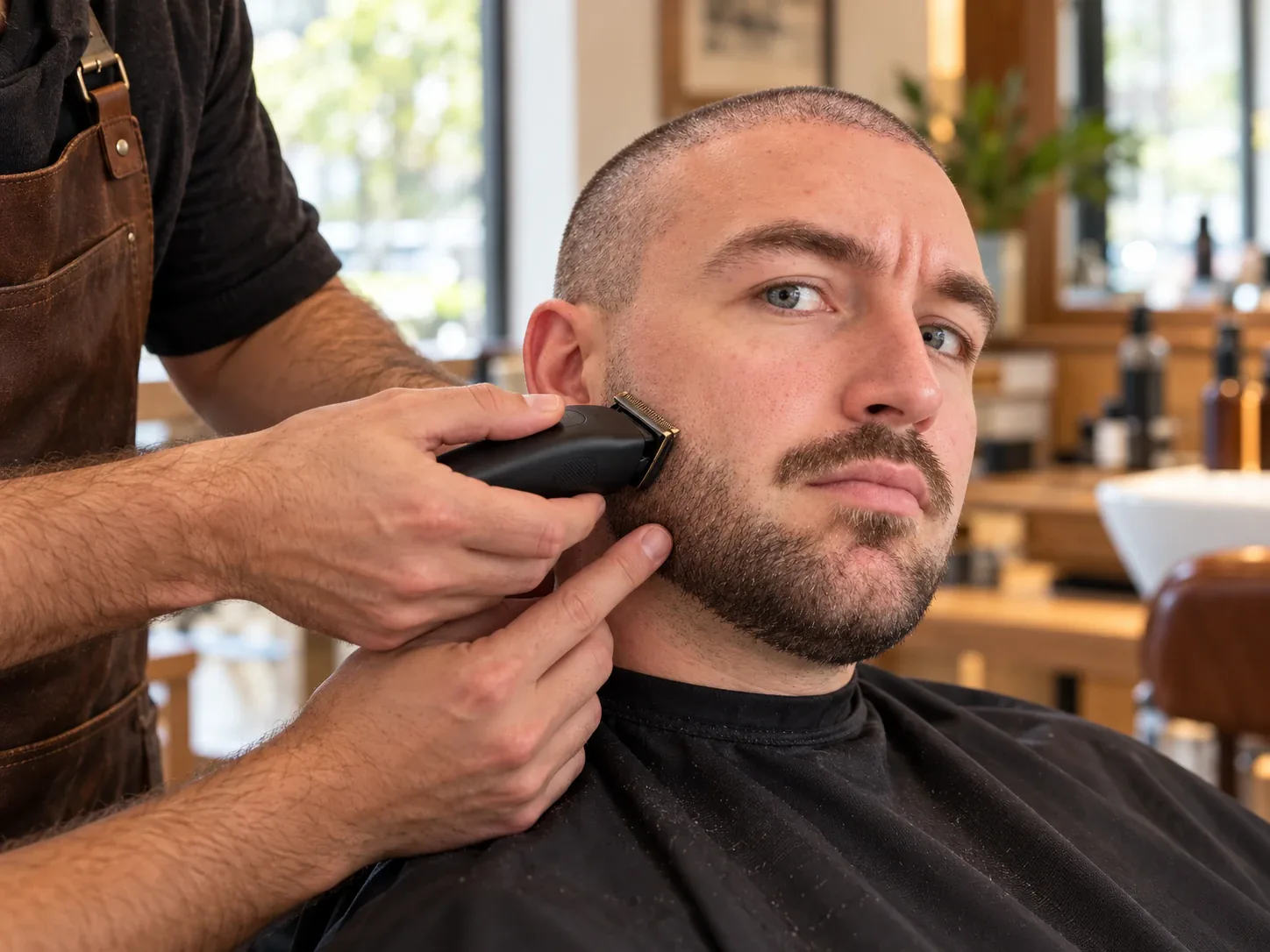 Barbier werkt de wanglijn van een man met een buzz cut en baard bij met een trimmer