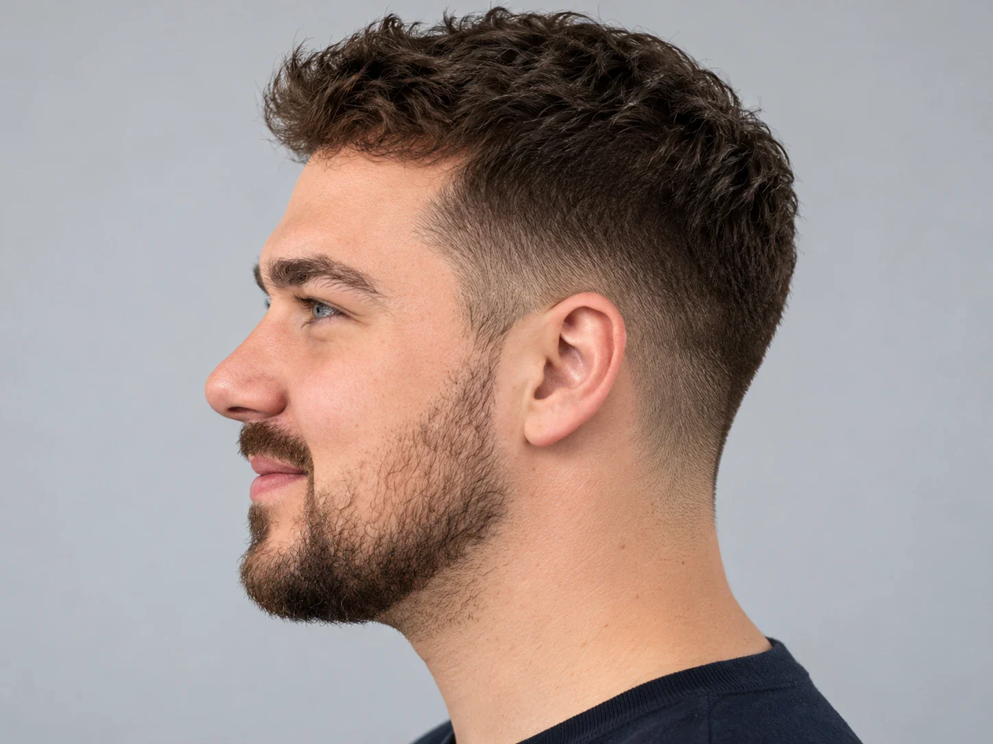 Man van opzij met een fade die bij de bakkebaarden vloeiend overloopt in een korte baard