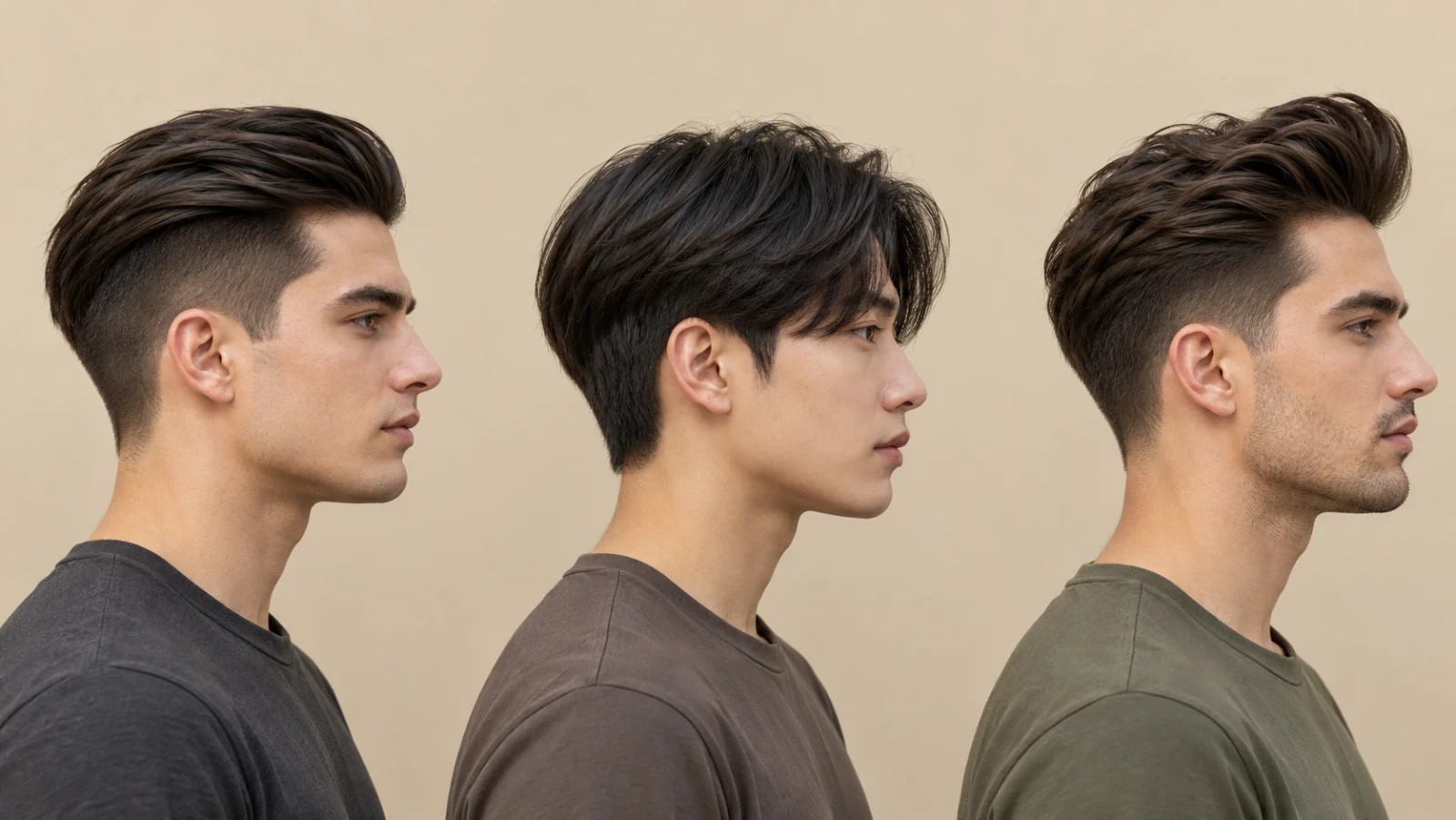 Drie mannen met dik haar van opzij met een undercut, een two block en een pompadour