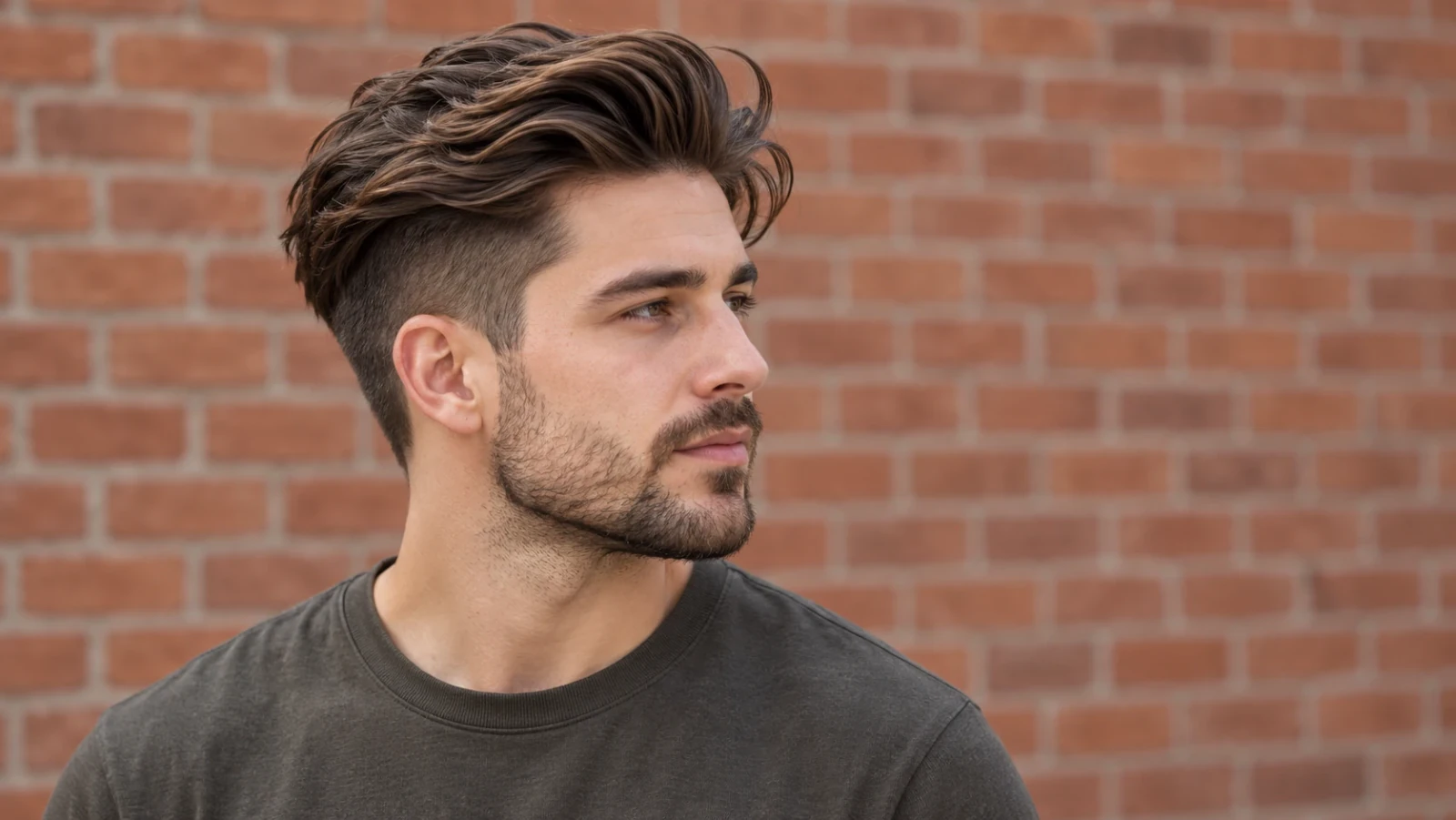 Man met dik haar in een undercut met volume bovenop, van opzij gezien