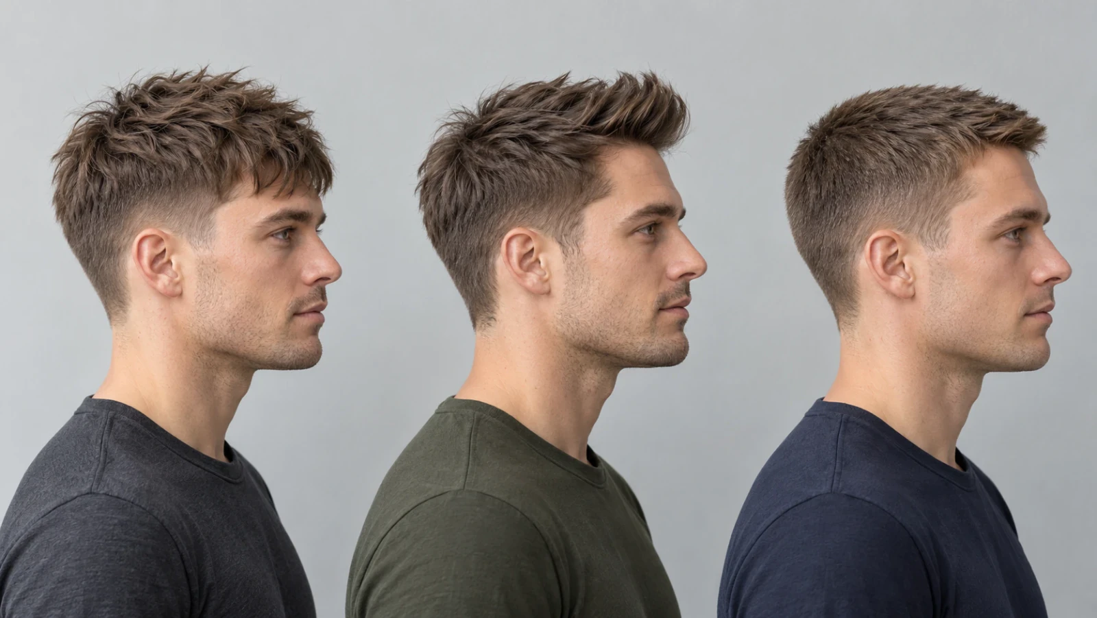 Drie mannen van opzij met een textured crop, een korte quiff en een crew cut