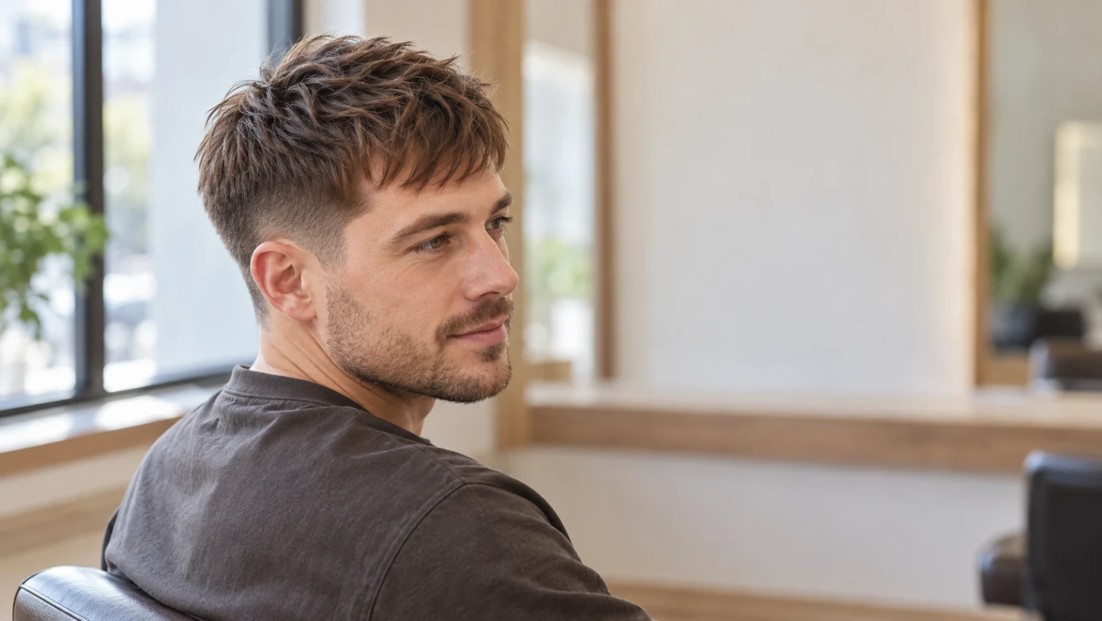 Man met een korte textured crop en korte zijkanten, van opzij gezien