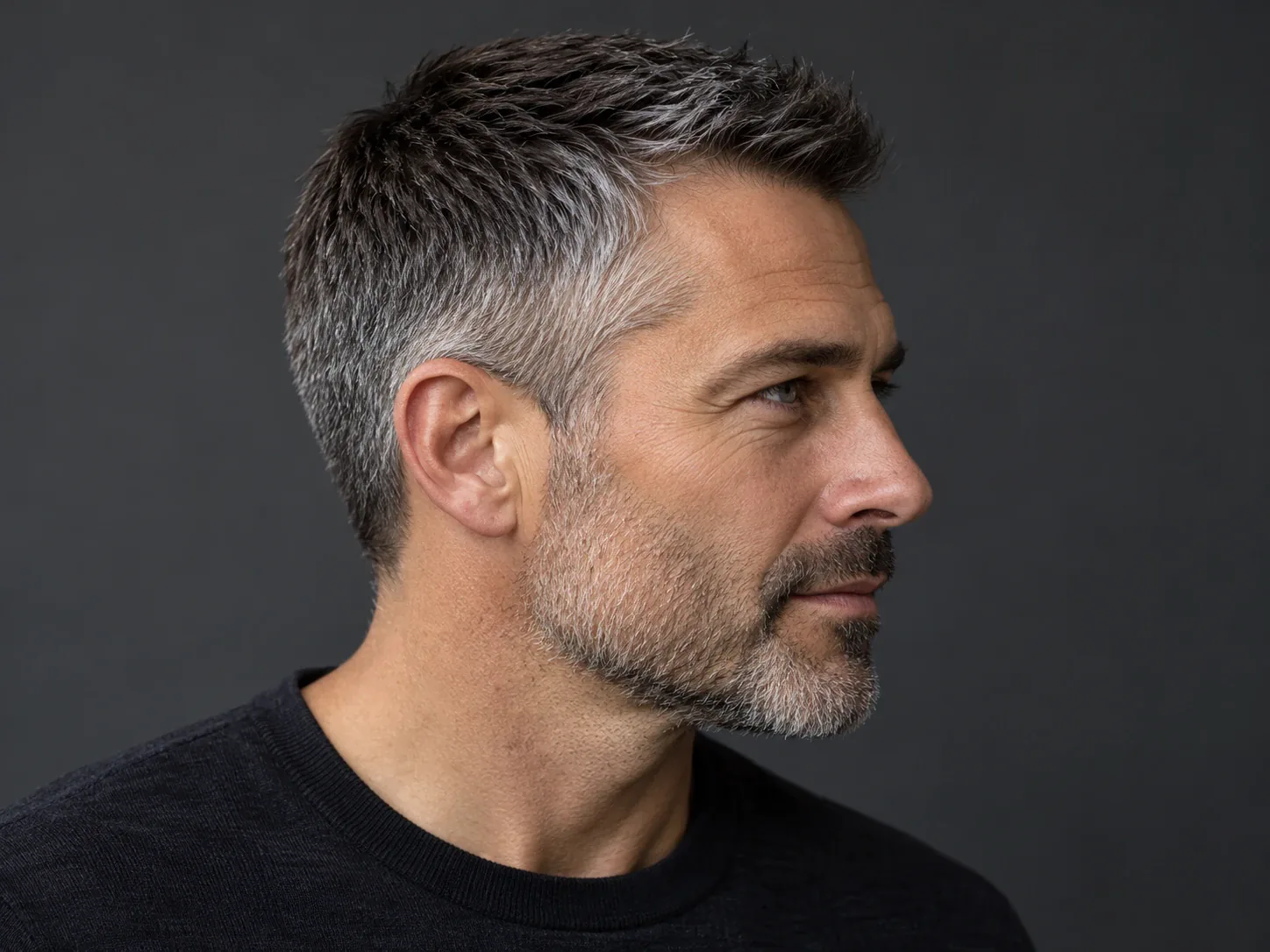 Man met salt and pepper haar in een korte crew cut, donkere en grijze haren door elkaar