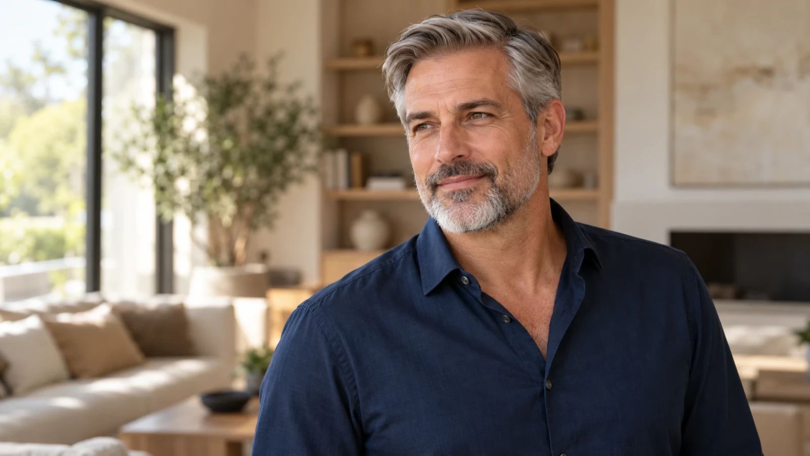 Man met kort, verzorgd grijs haar in een side part en een korte grijze baard