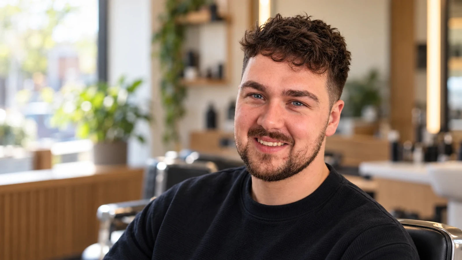 Man met korte zijkanten en krullen die bovenop naar voren over zijn voorhoofd vallen