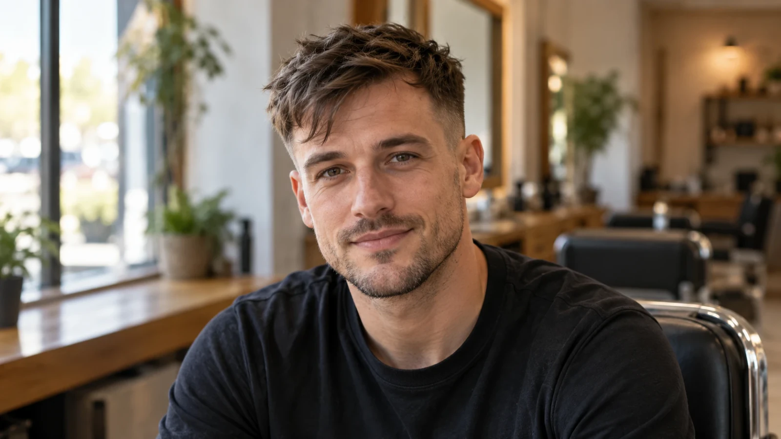 Man met een textured crop met een losse pony die naar voren valt, in een barbershop