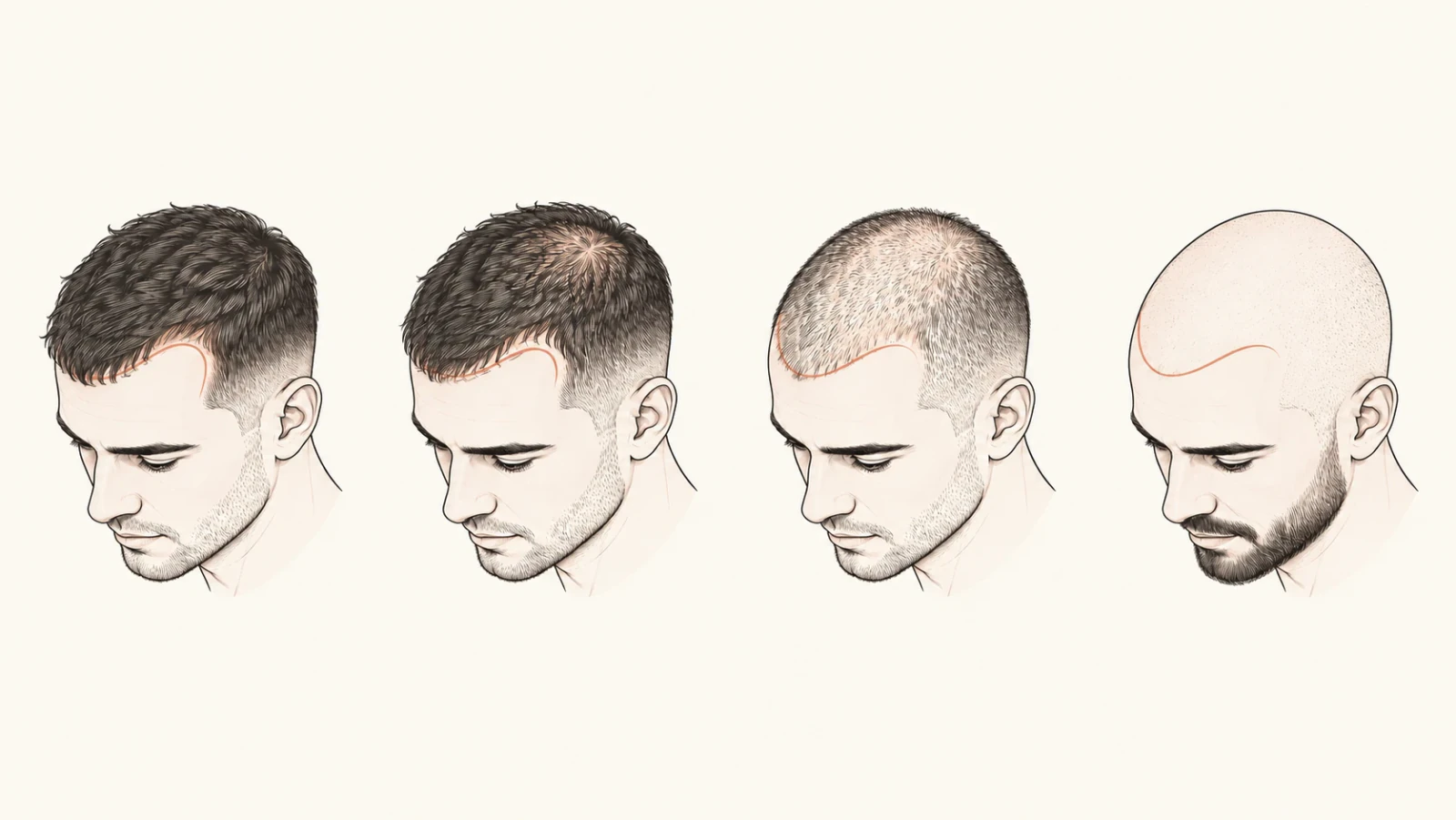 Illustratie van vier mannenhoofden van opzij met steeds meer haarverlies en een passend kort kapsel