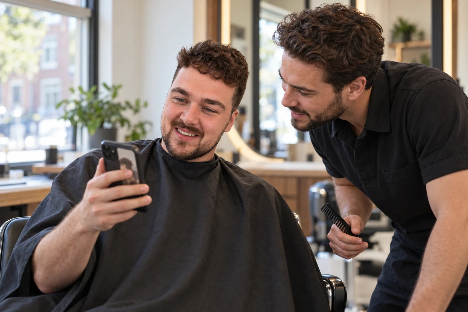 Man in de kappersstoel laat de kapper een foto op zijn telefoon zien