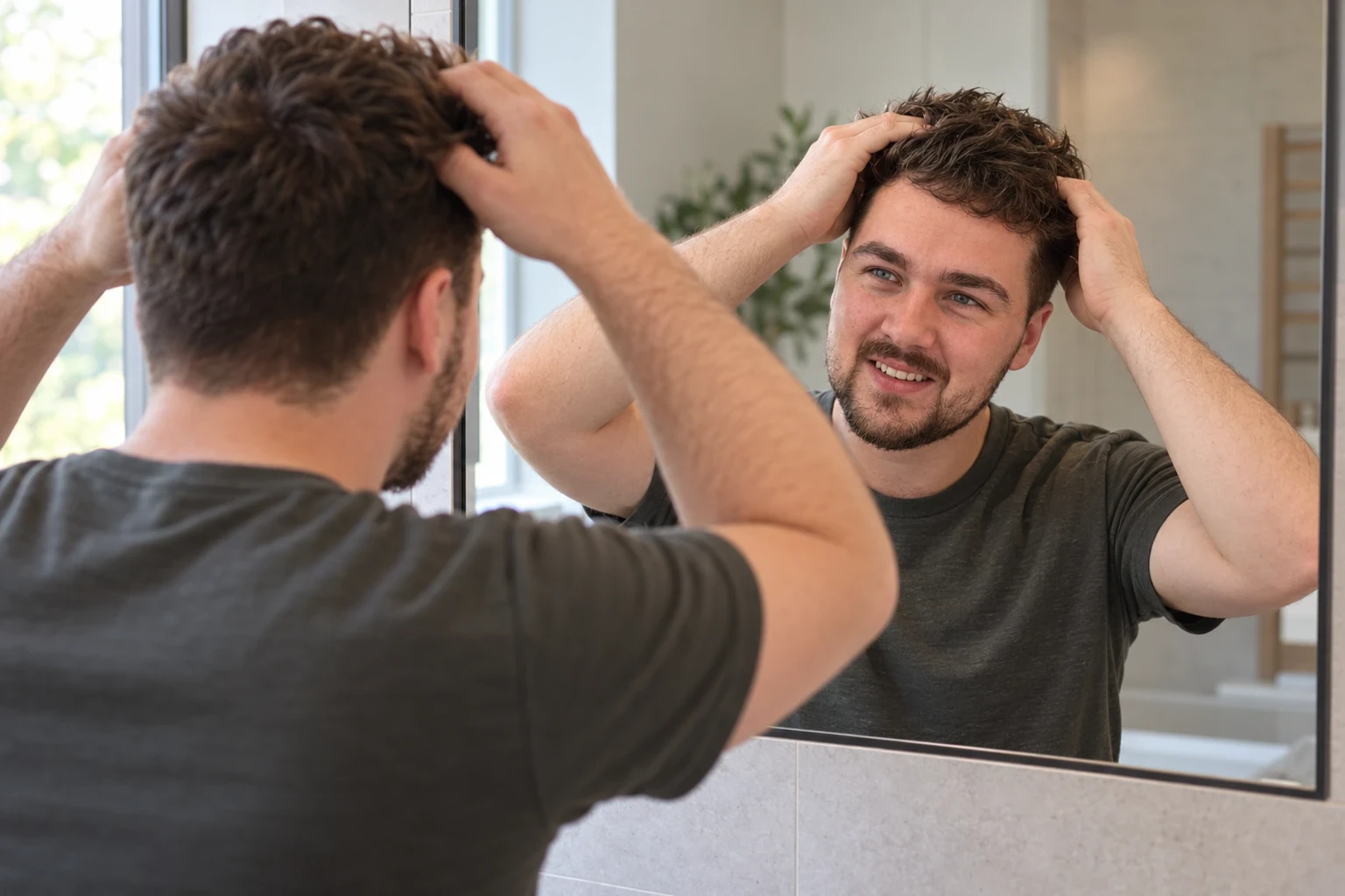 Man staat voor de badkamerspiegel met zijn haar naar achteren en bekijkt zijn gezicht