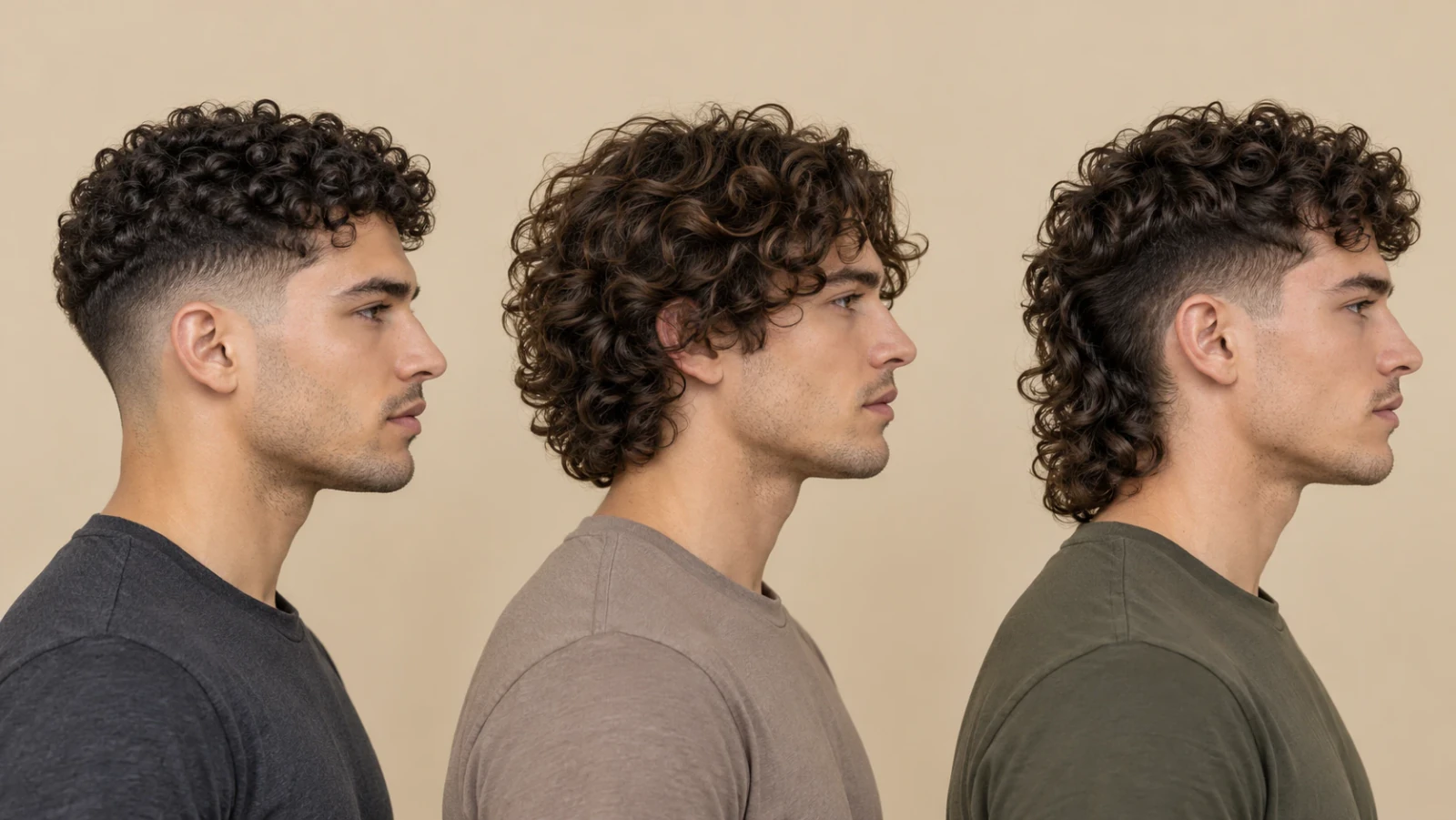 Drie mannen met krullen van opzij met een fade met krullen bovenop, halflange krullen en een krullende mullet