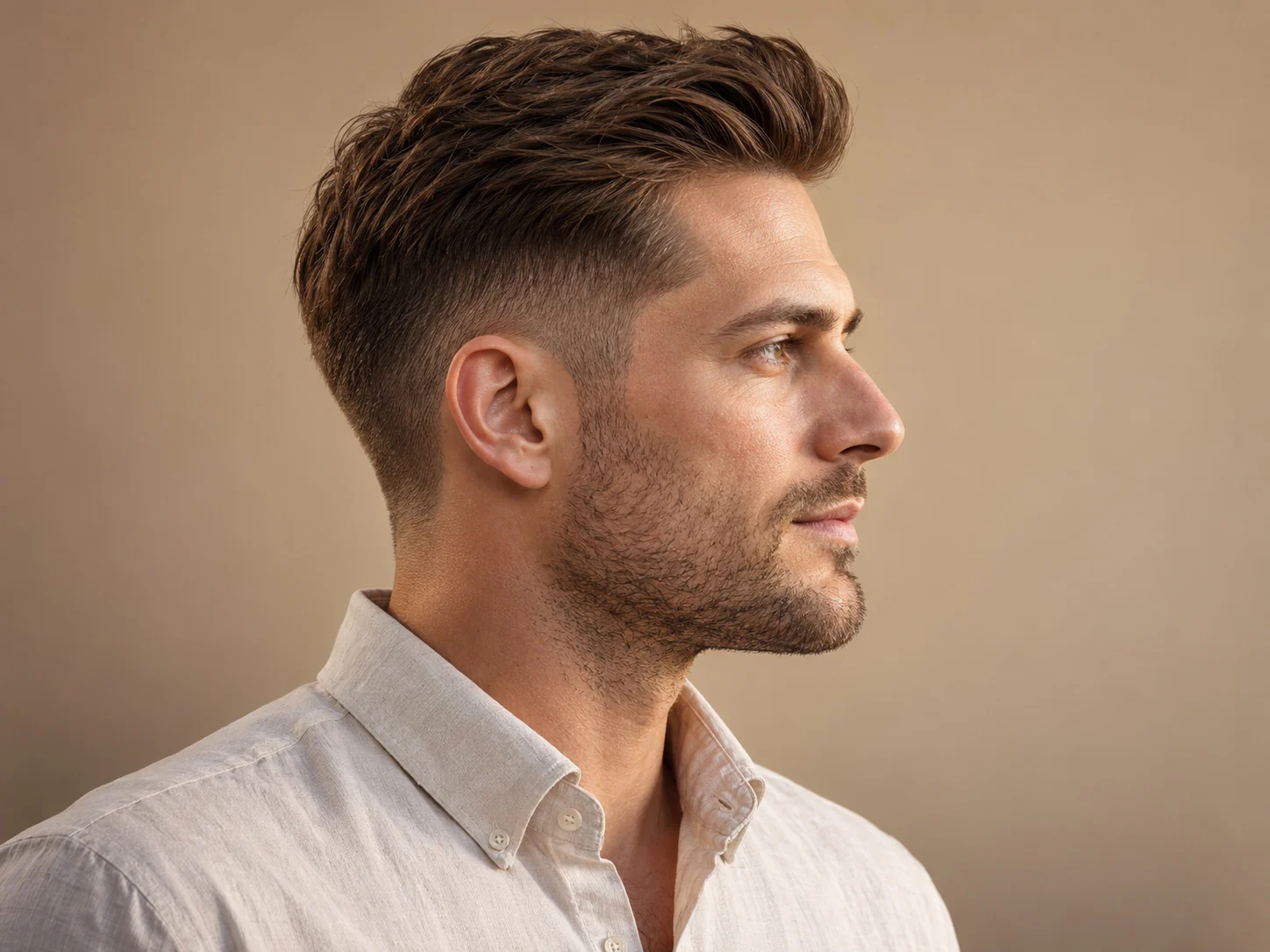 Man met een korte quiff met wat volume aan de voorkant en een low fade, van opzij gezien