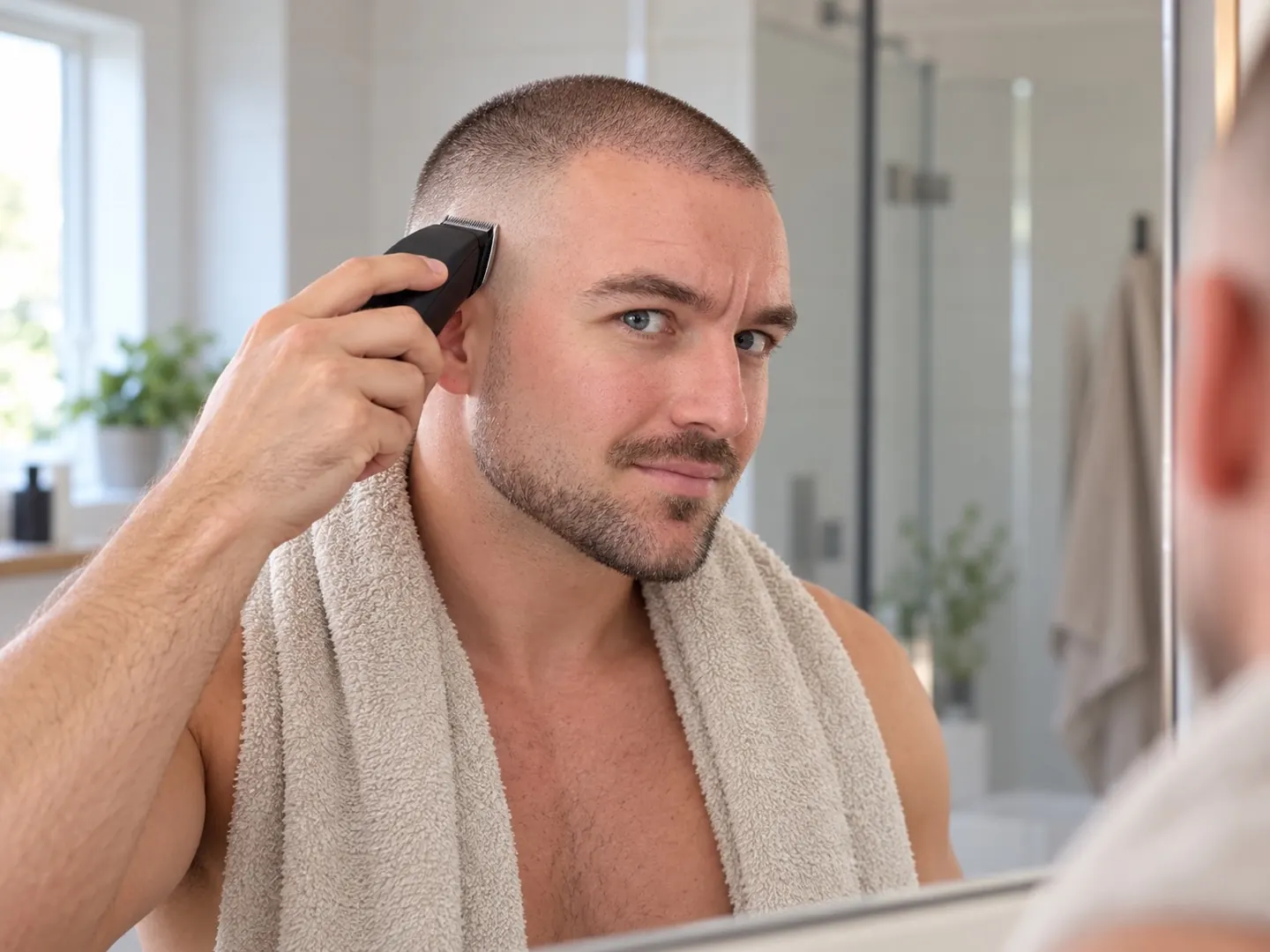 Man met een buzz cut, high fade en korte baard die thuis voor de badkamerspiegel zijn fade bijwerkt met een tondeuse