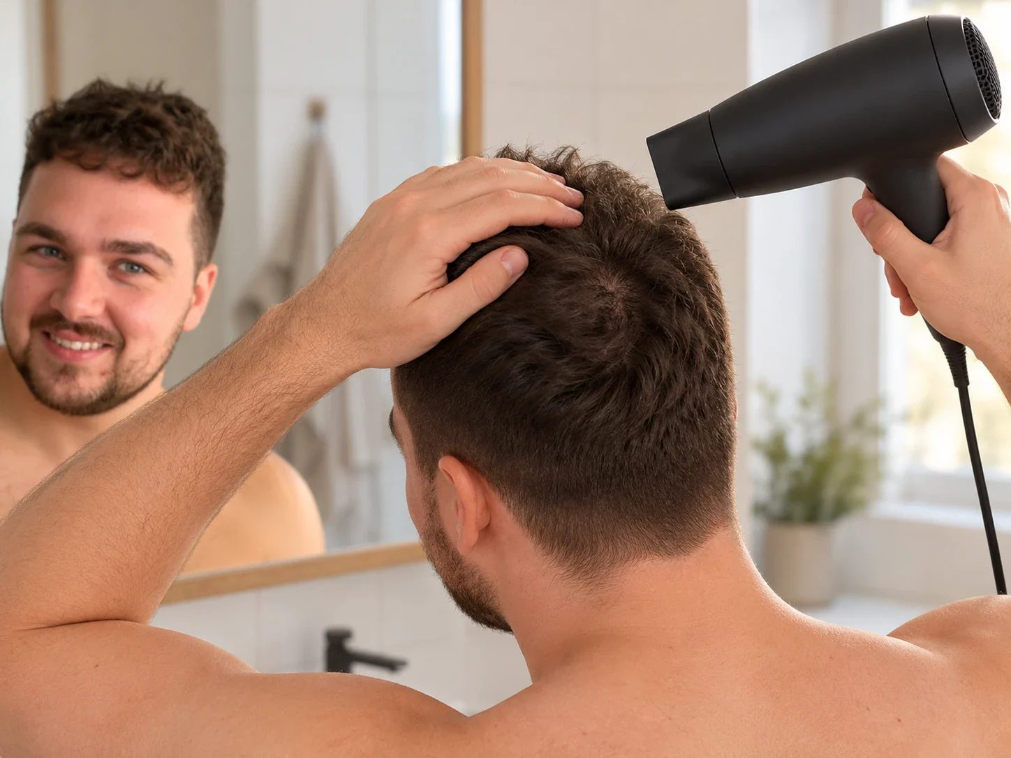 Man föhnt de kruin achter op zijn hoofd en drukt het haar met zijn hand plat