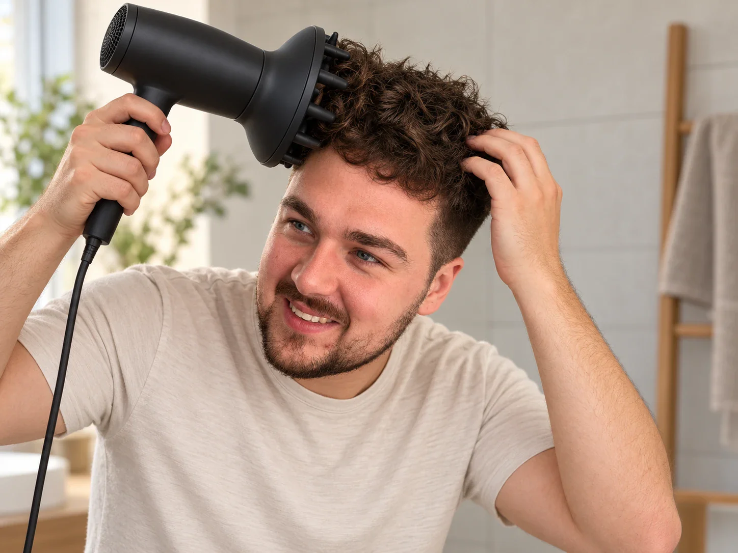 Man droogt zijn krullen met een föhn met diffuser op lage stand