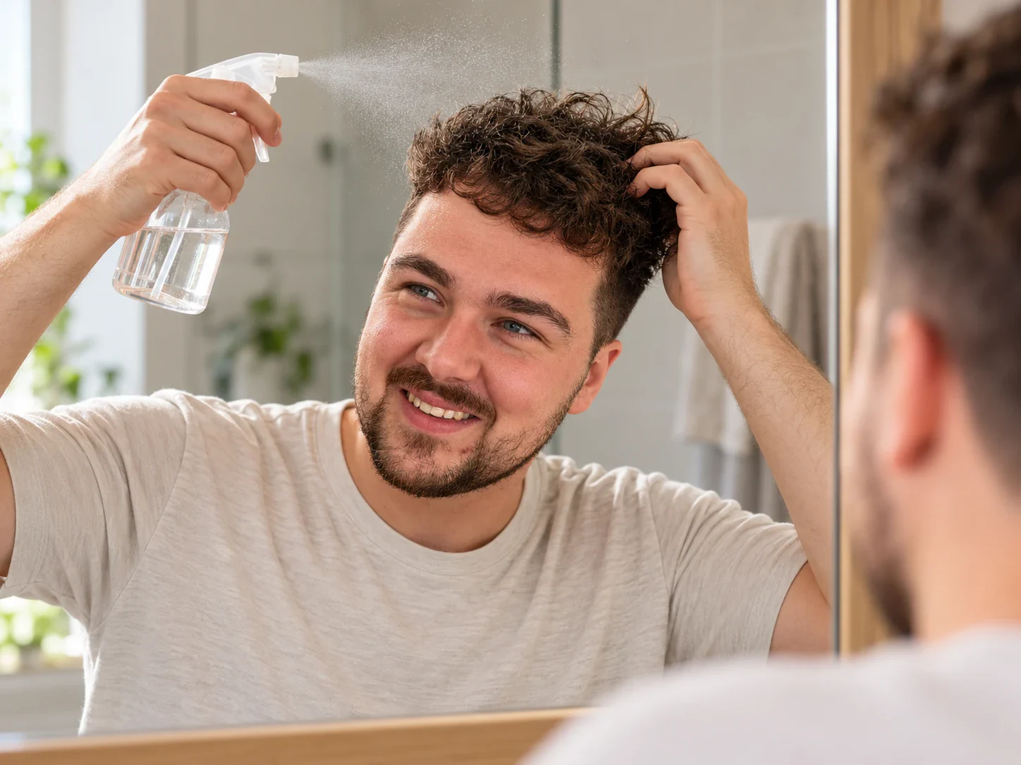 Man spuit 's ochtends wat water op zijn krullen en knijpt ze op met zijn hand