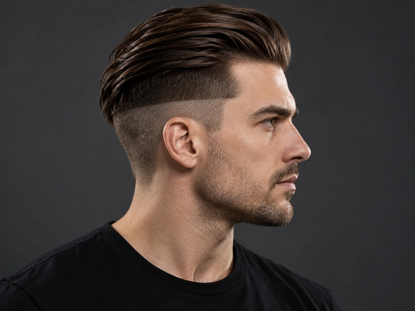 Man met een undercut met een harde overgang en lang haar bovenop dat naar achteren is gekamd