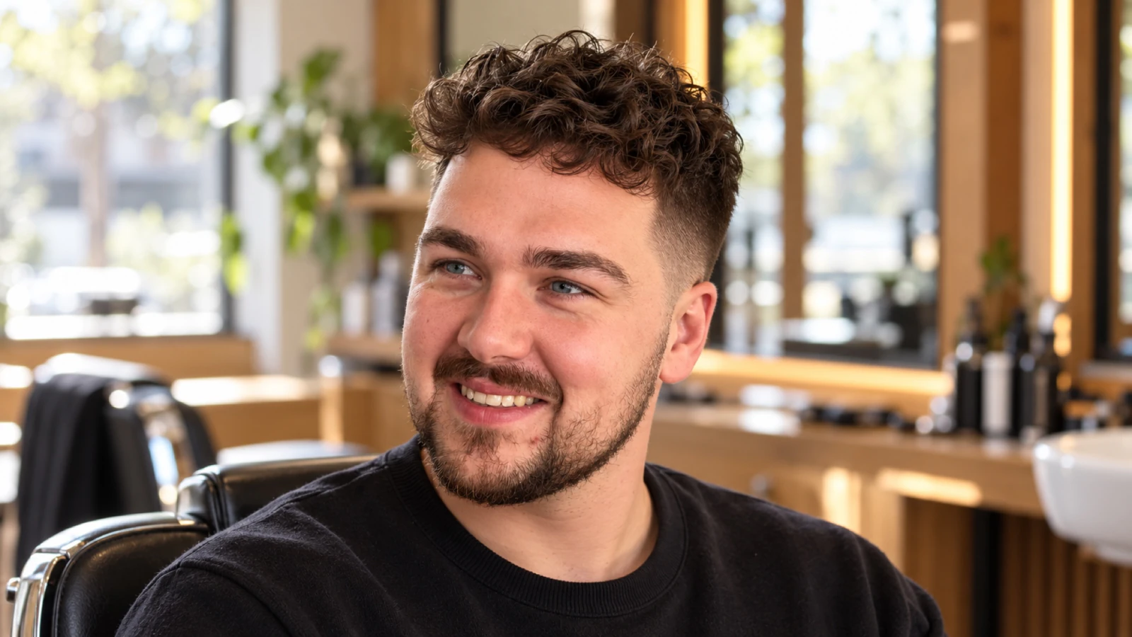 Man met krullen lang bovenop en een korte fade aan de zijkant, schuin van voren gezien