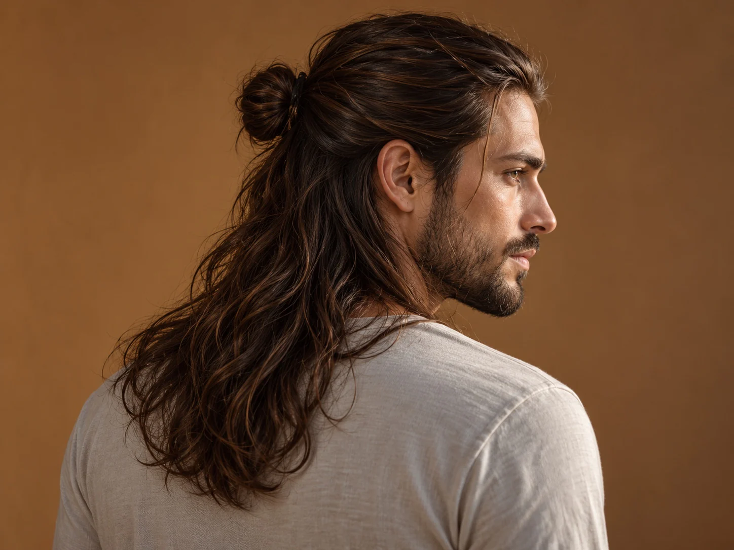 Man met lang haar in een half-up knotje met de rest van het haar los, van opzij gezien