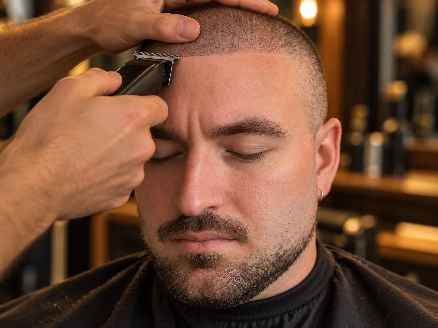 Barbier zet met een trimmer een strakke lijn aan de haarlijn van een man met een buzz cut