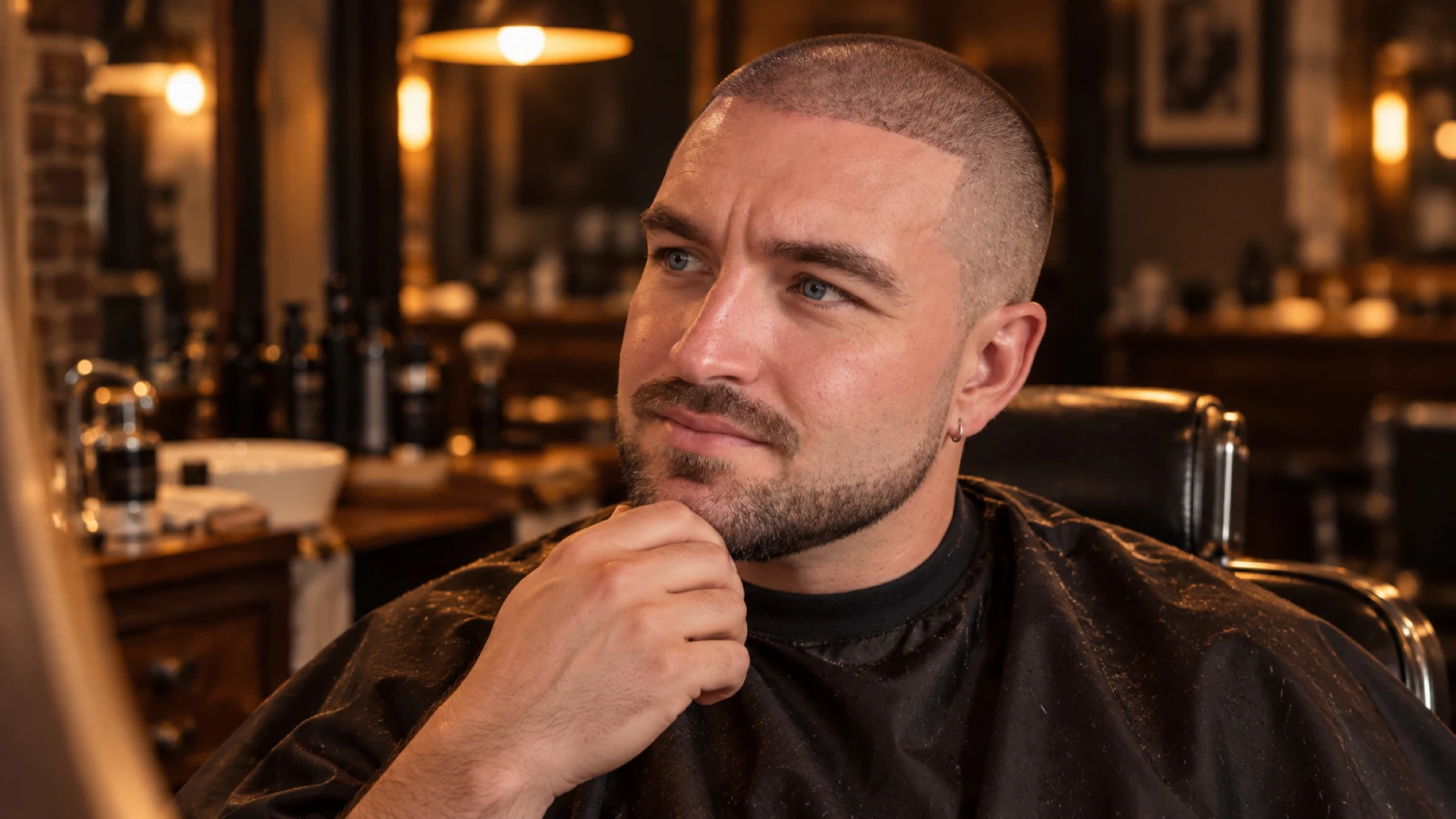 Man met een buzz cut en een korte baard met een strakke line-up aan de haarlijn en de baardlijn