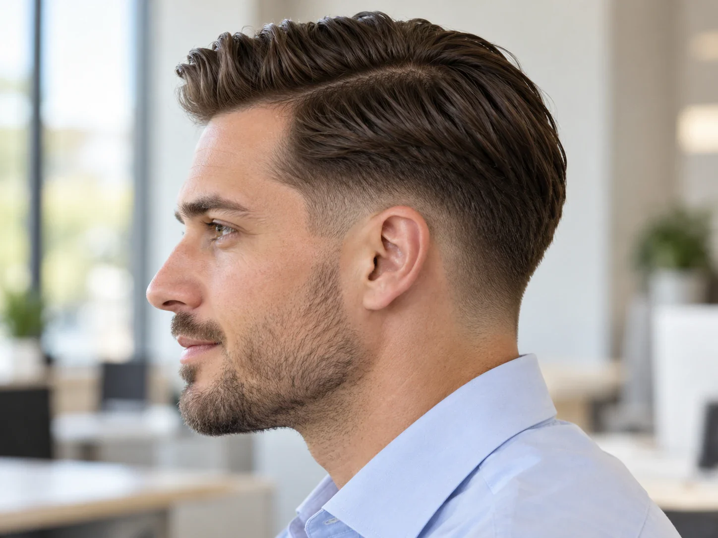 Man in overhemd met een side part en een low fade die vlak boven het oor begint, van opzij gezien