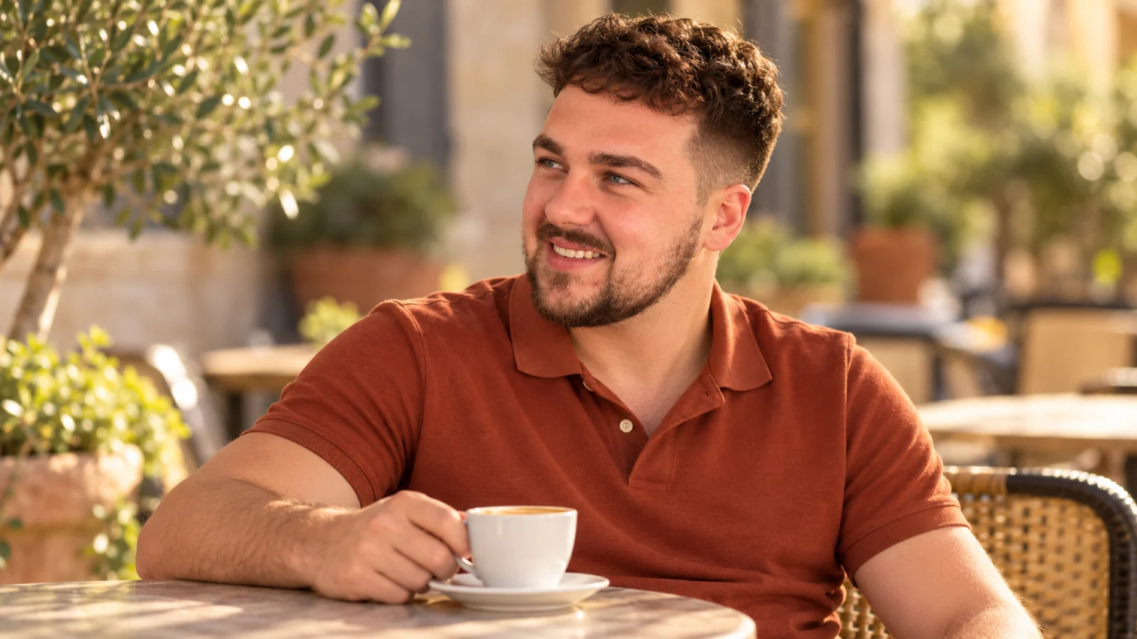Man met korte krullen en een low fade op een zonnig terras