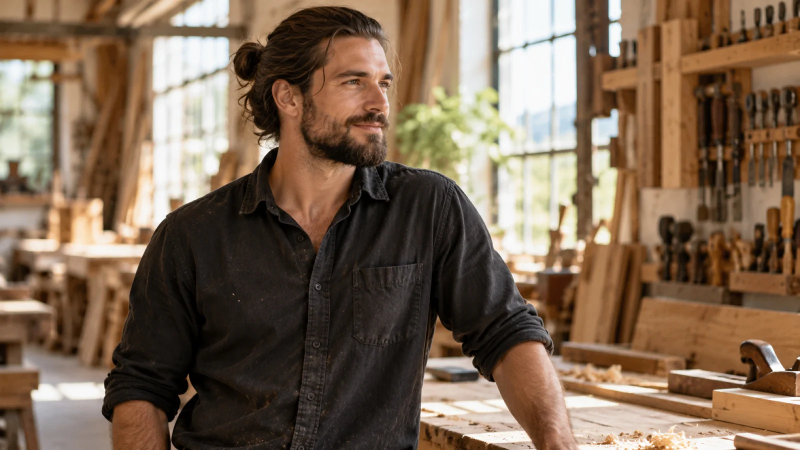Man met een losse man bun op zijn achterhoofd en een paar losse plukjes, van opzij gezien