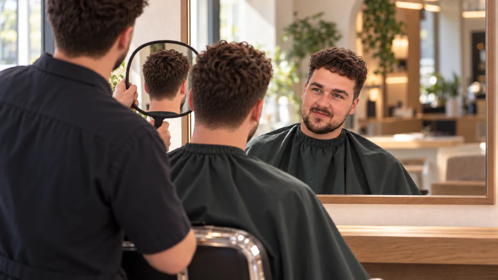 Man in een kappersstoel bekijkt in de spiegel zijn nieuwe kapsel