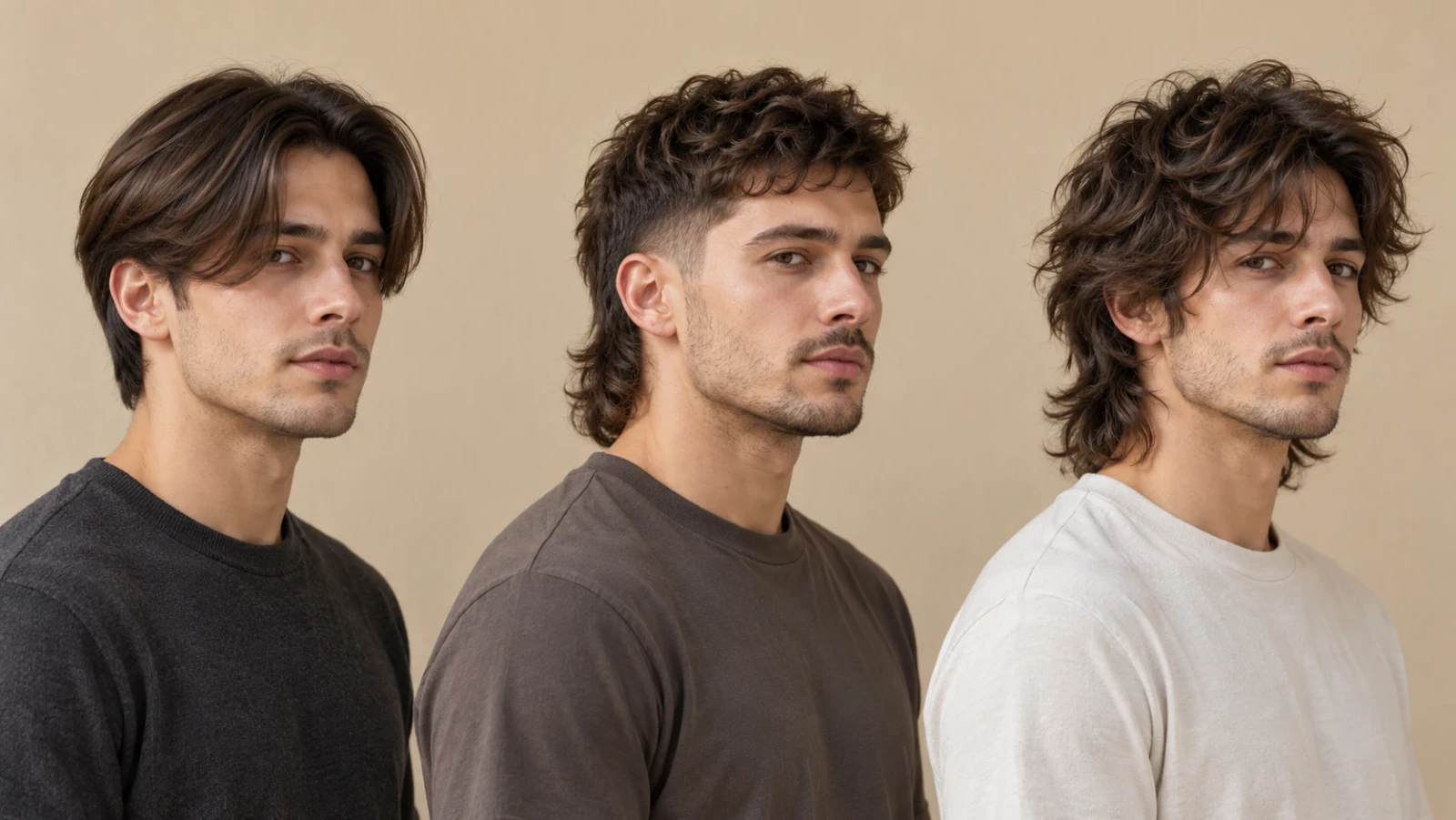 Drie mannen met halflang haar met een middenscheiding, een moderne mullet en een wolf cut