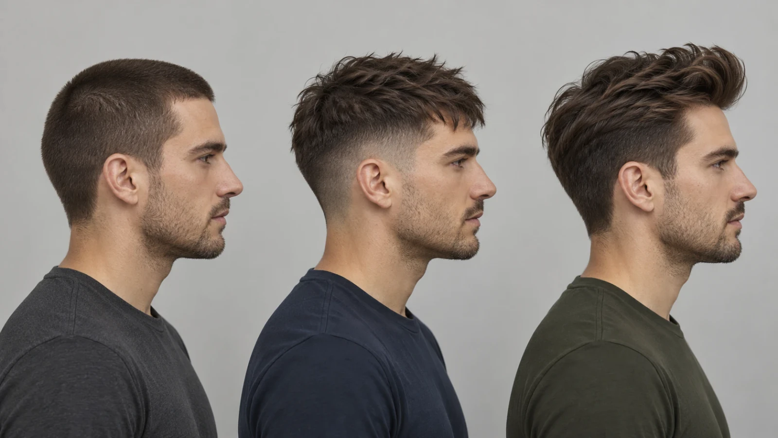 Drie mannen van opzij met een buzz cut, een textured crop met fade en een quiff