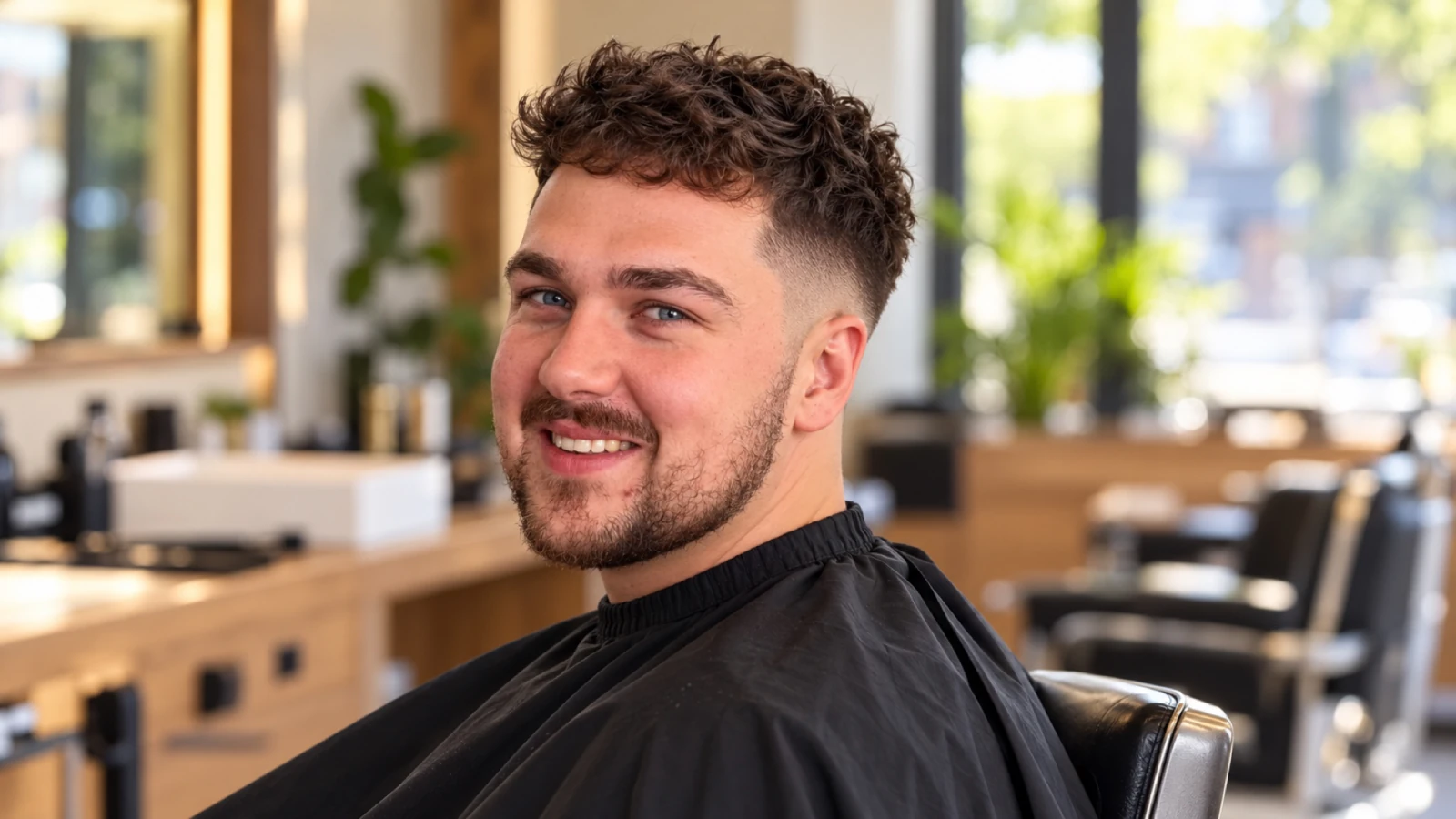Man met krullen bovenop en een mid fade die halverwege de zijkant begint