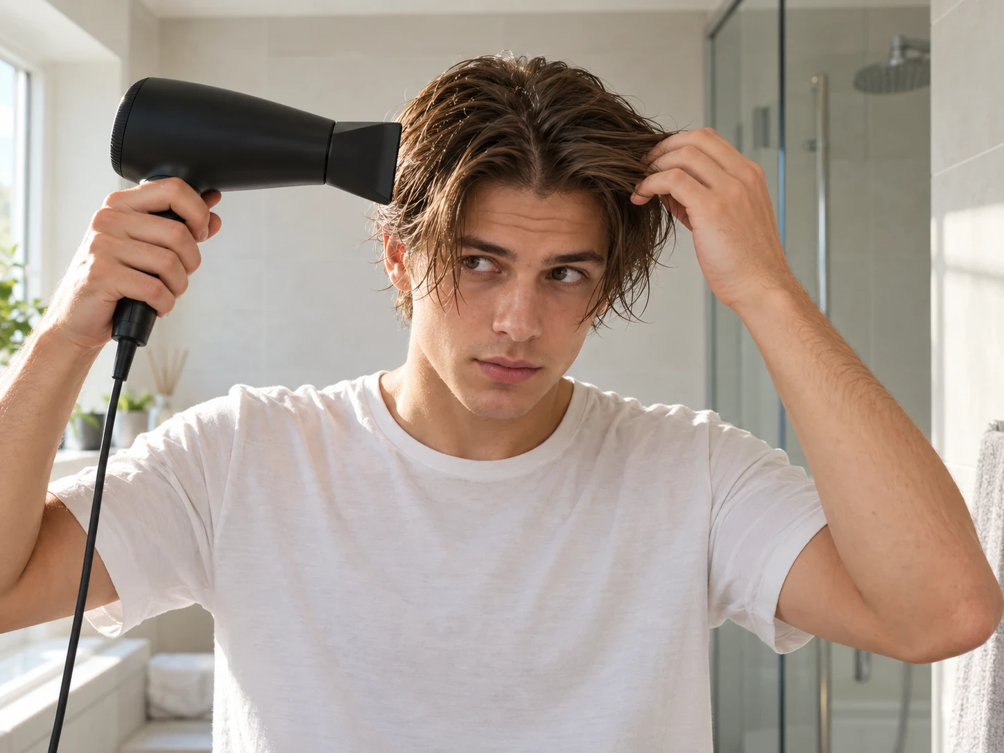 Man die met een föhn en zijn vingers een middenscheiding in zijn vochtige haar föhnt