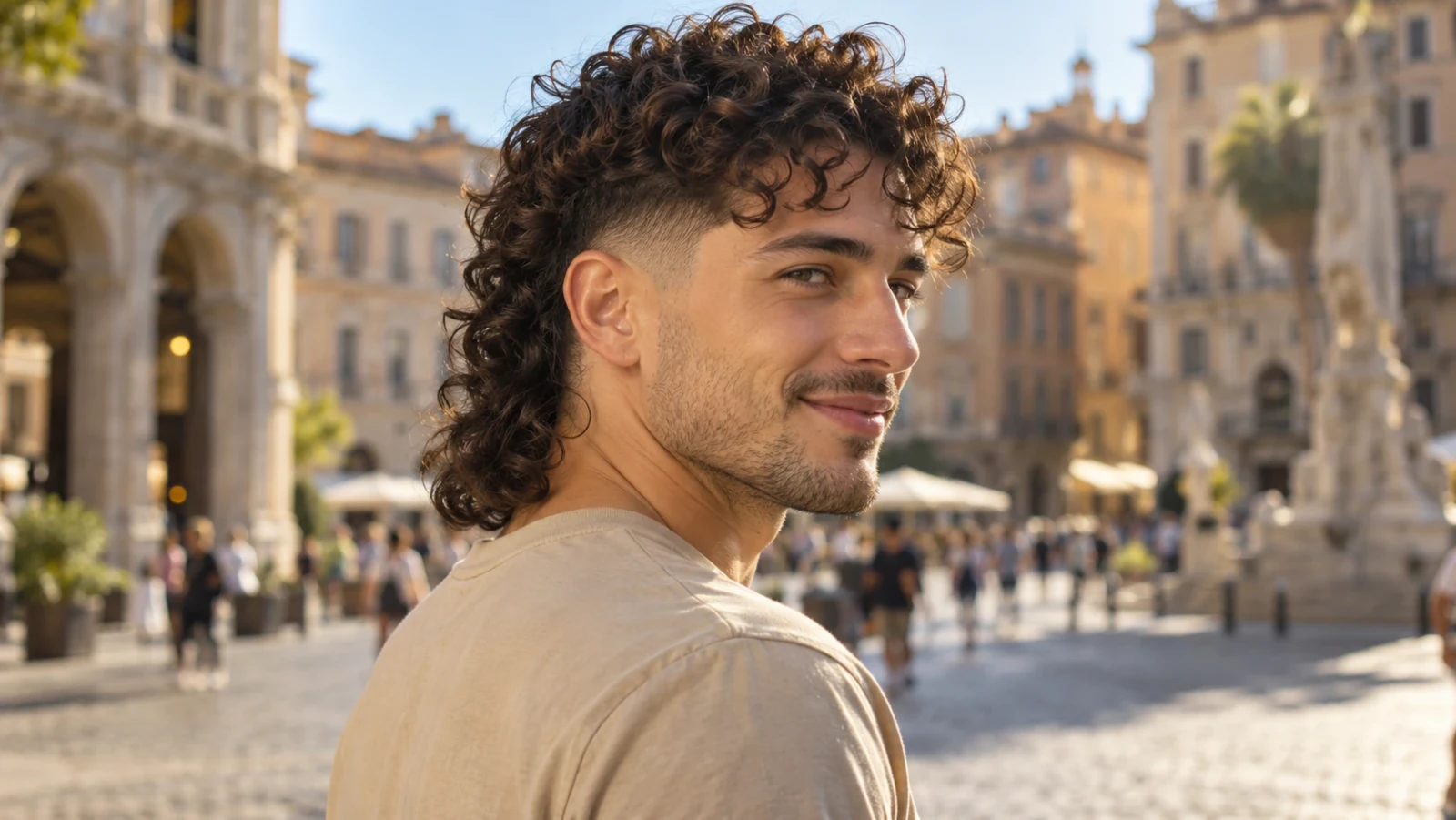 Man met een moderne mullet met krullen: een burst fade rond het oor en lange krullen in de nek