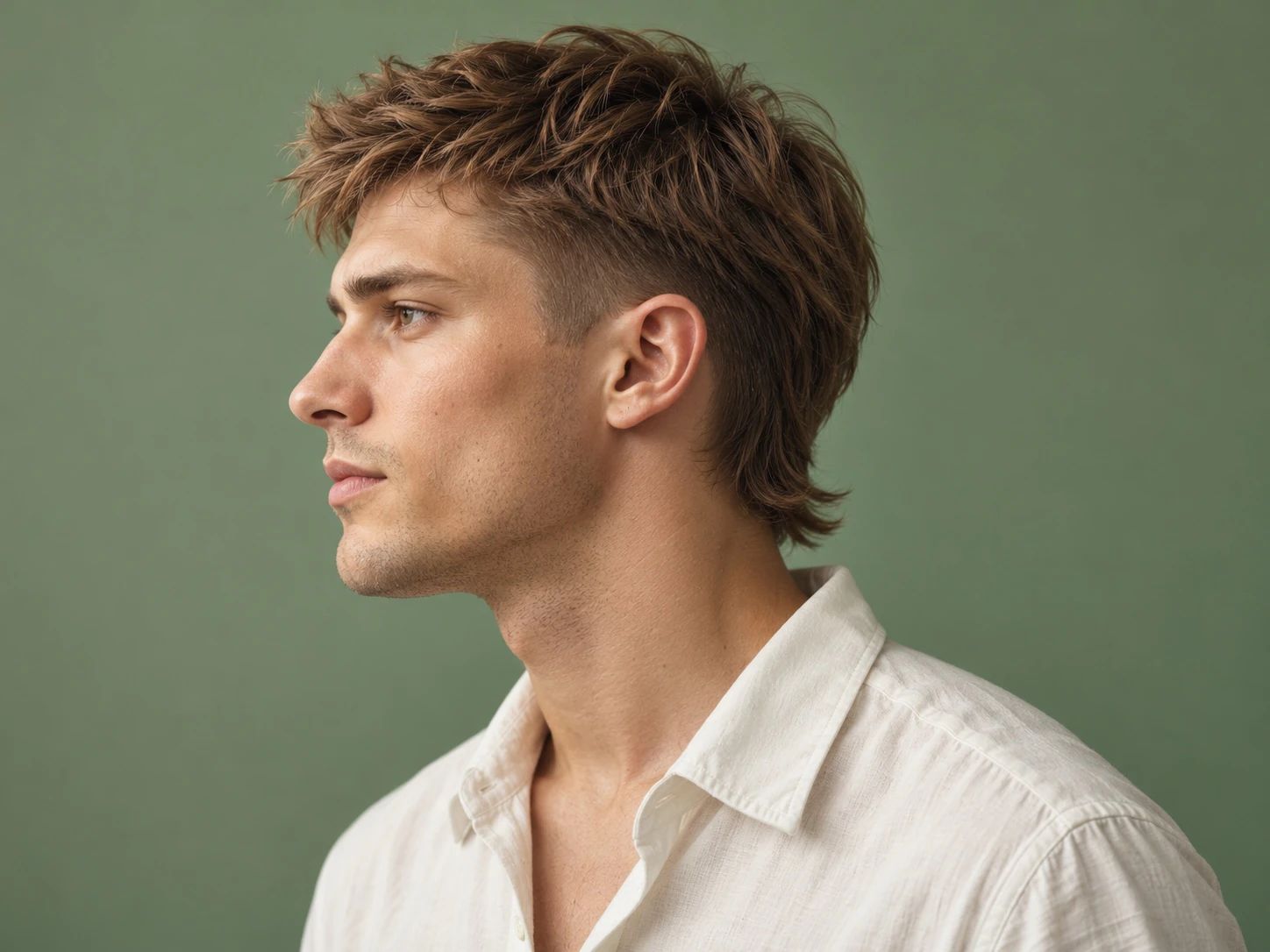 Man met een baby mullet met korte zijkanten en net wat extra lengte in de nek, van opzij gezien